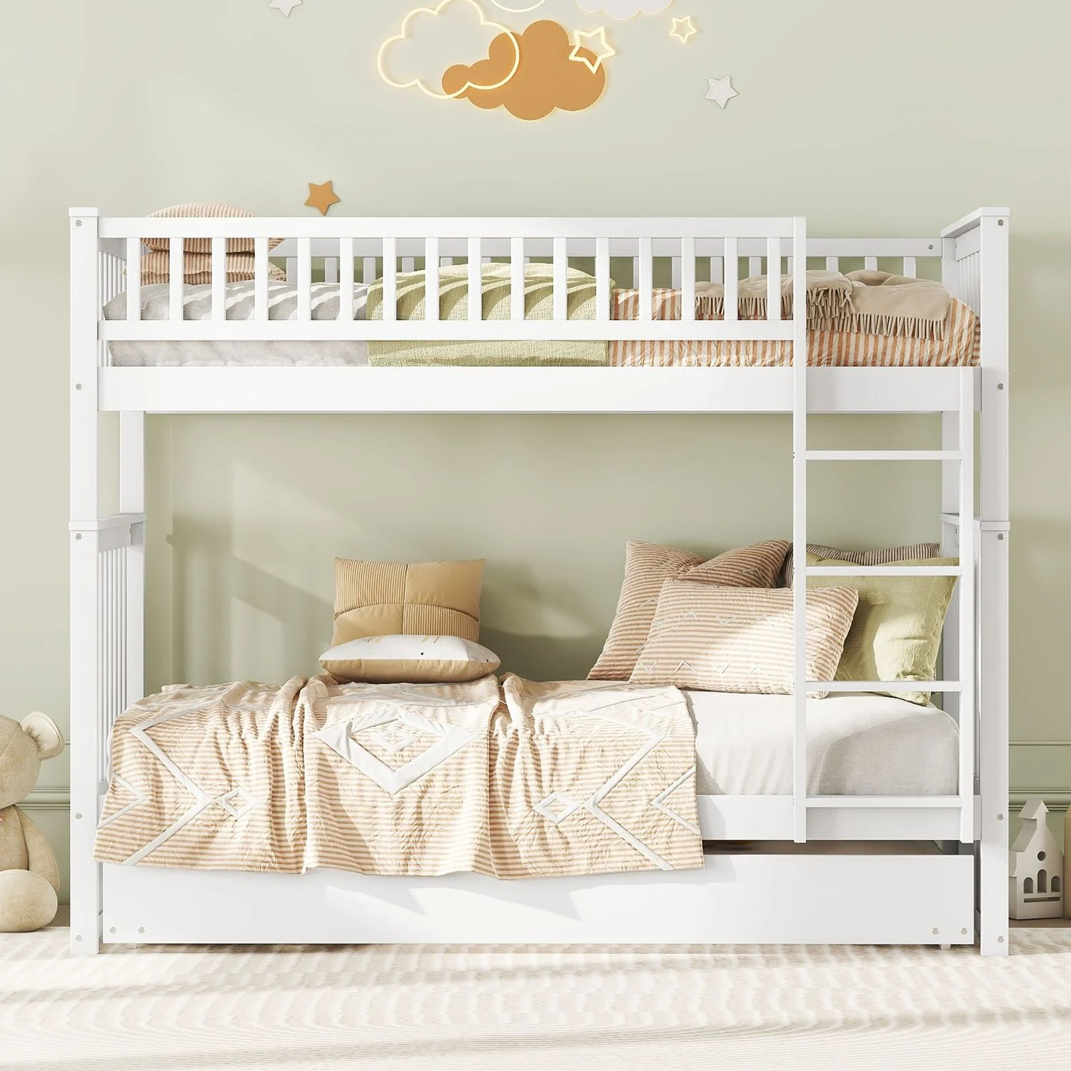 Etagenbett 90x200 cm aus Kiefernholz/MDF mit Ausziehbett, hohem Rausfallschutz und stabiler Treppe, weiß
