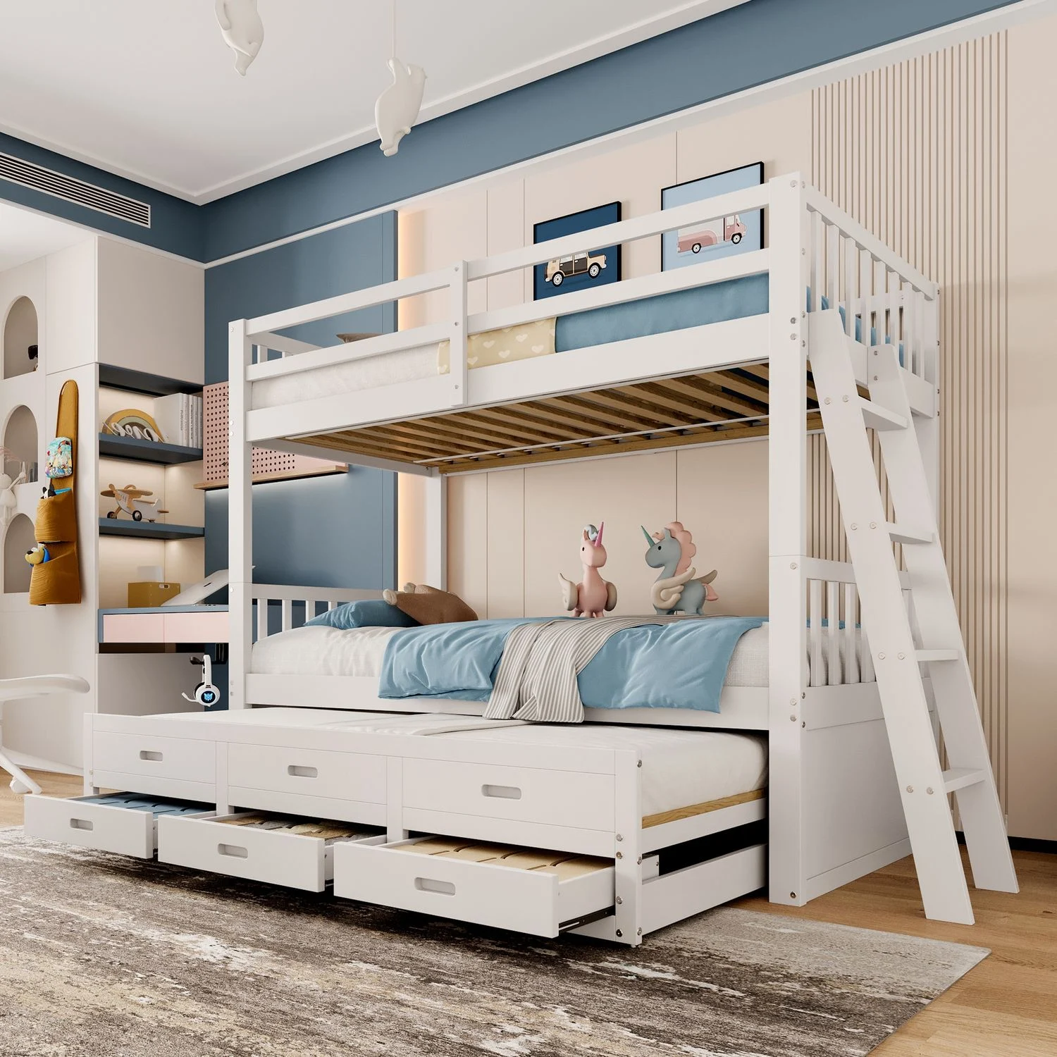 Etagenbett 90x200cm, Kinderbett, Hausbett für Mädchen und Jungen, Bettgestell aus Kiefernholz und MDF mit Leiter undausziehbarem Bett und 3 Schubladen , Ohne Matratze, Weiß