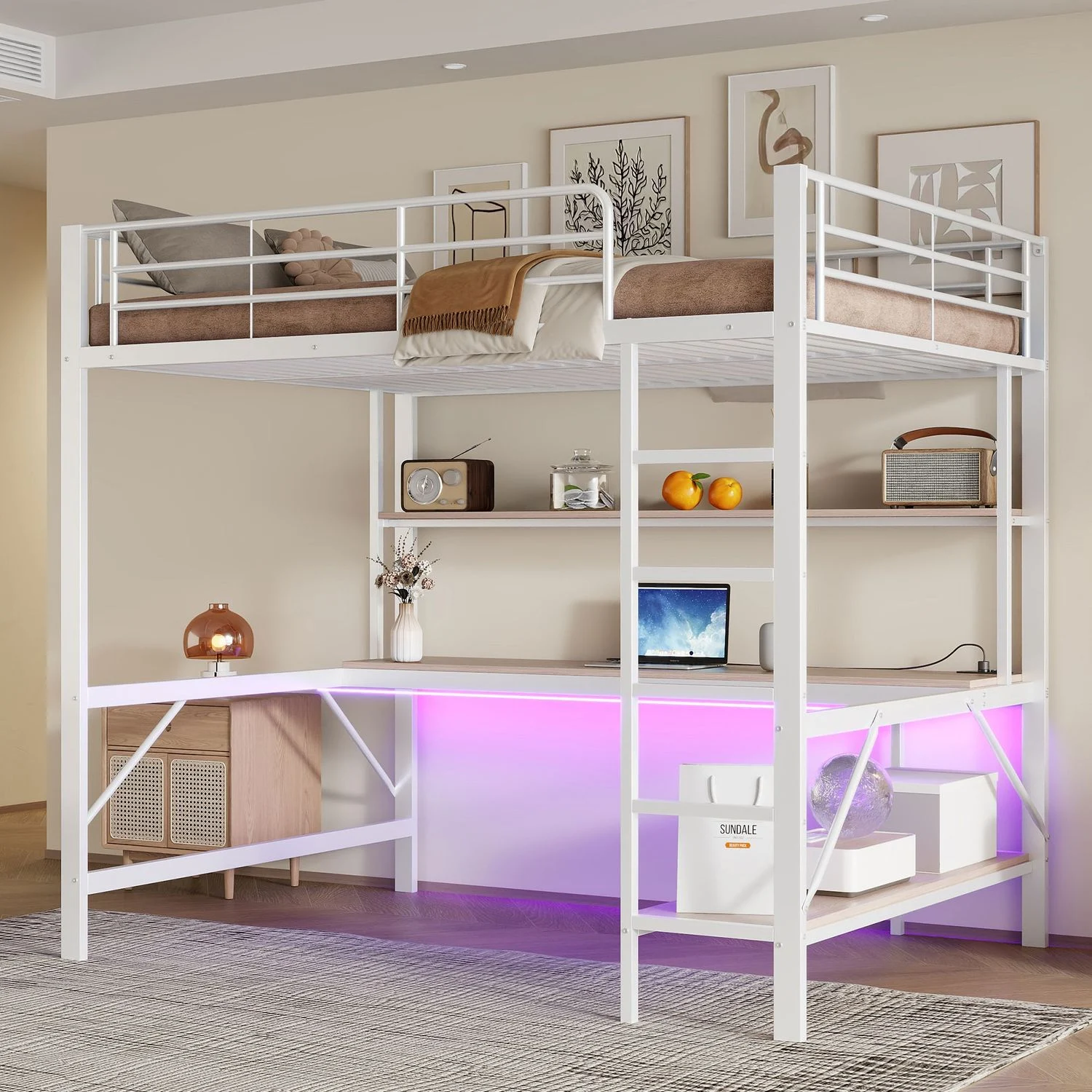 Hochbett Metall & MDF mit Schreibtisch, Regal, LED und USB-Anschluss, 140x200 cm, Weiß, ohne Matratze