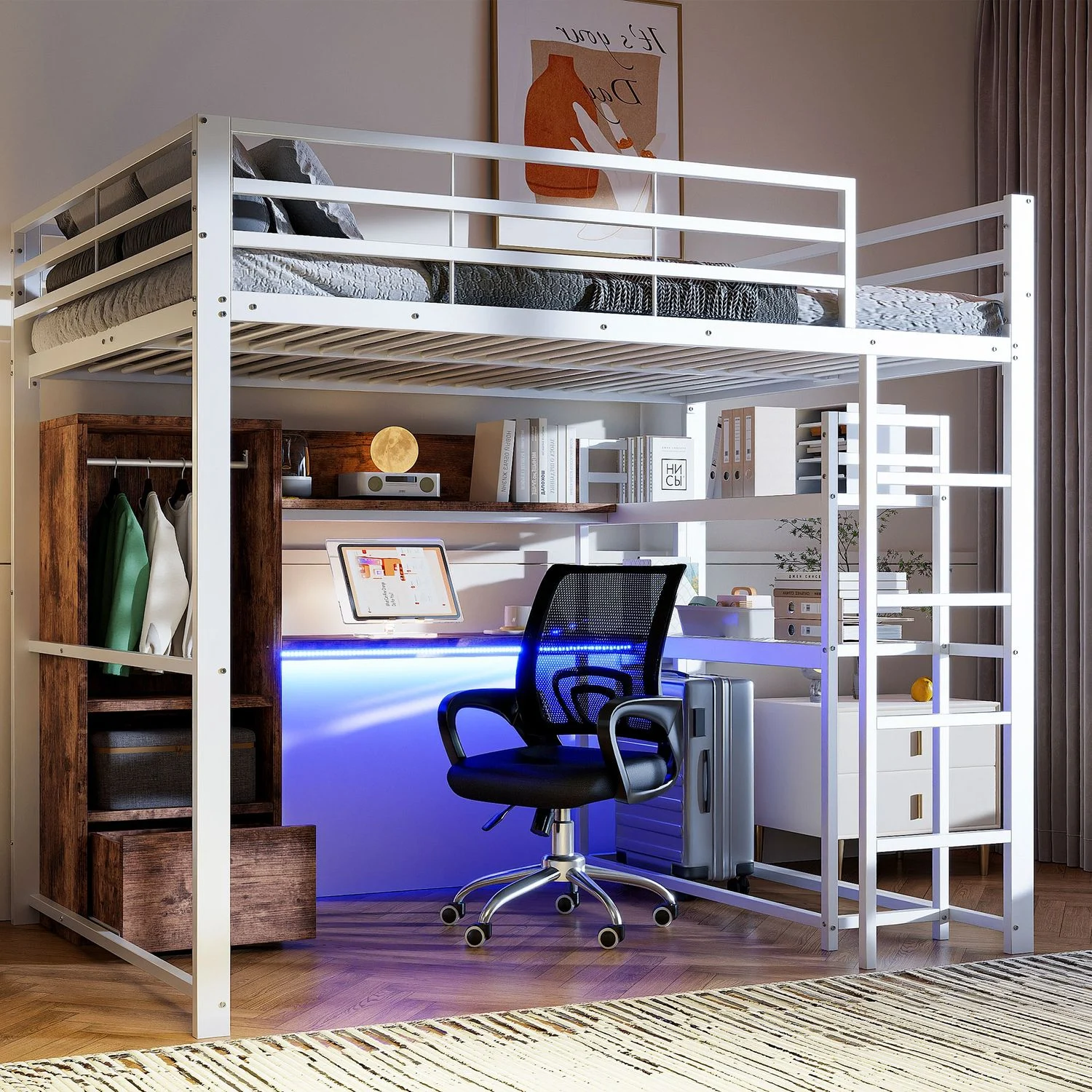 Hochbett mit Schreibtisch, Regalen & LED, 140x200 cm, Weiß, ohne Matratze