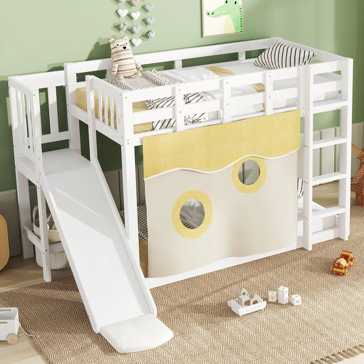Kinder Etagenbett 90x200 mit Rutsche & Treppe - Weißes Hochbett mit Vorhang, Spielbett, Schlafbett, Kinderzimmermöbel