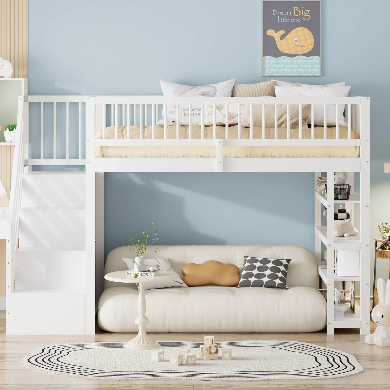 MODFU Kinderbett Hochzaun-Sicherheitsdesign mit Kleiderschrank, Regalen und Stauraum (Hochbett,mit Stauraum, Sicherheitsleiter & Kleiderschrank - Massivholz, mit Sicherheitskletterleiter, Multifunktionsbett 90 x 200 cm), ohne Matratze