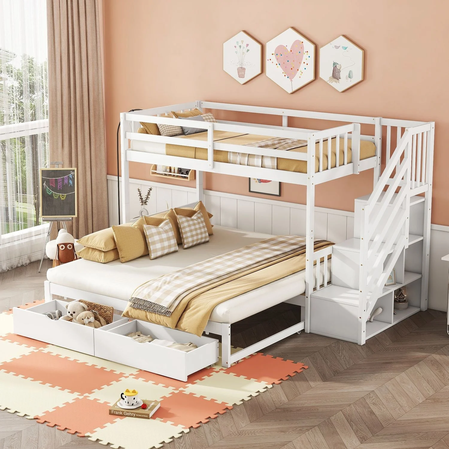 Etagenbett 90x200 cm mit Ausziehbett und 2 Schubladen, Kiefernholz/MDF, Weiß, Lattenrost inklusive