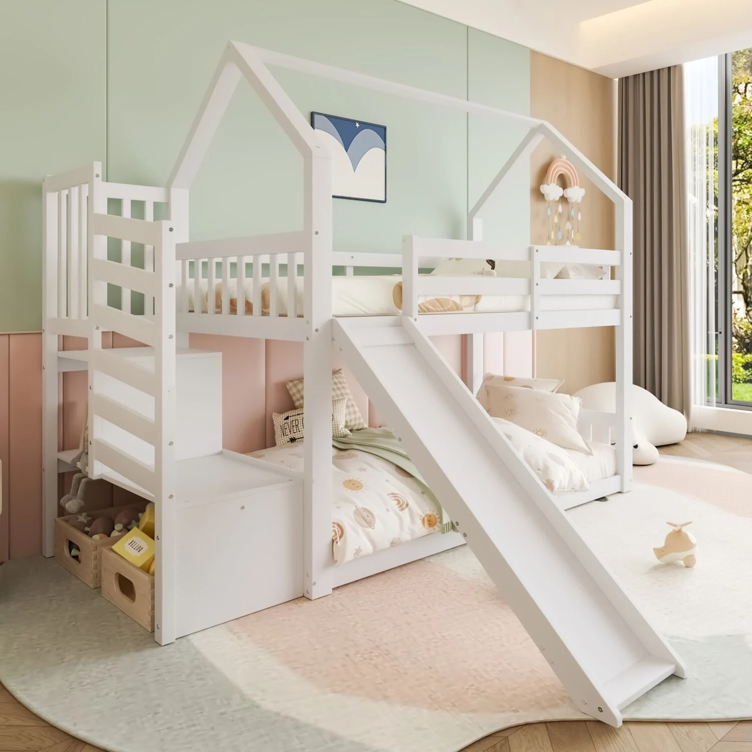 Etagenbett 90x200 cm Hausbett aus Kiefernholz & MDF mit Rutsche und Stauraumtreppe, weiß
