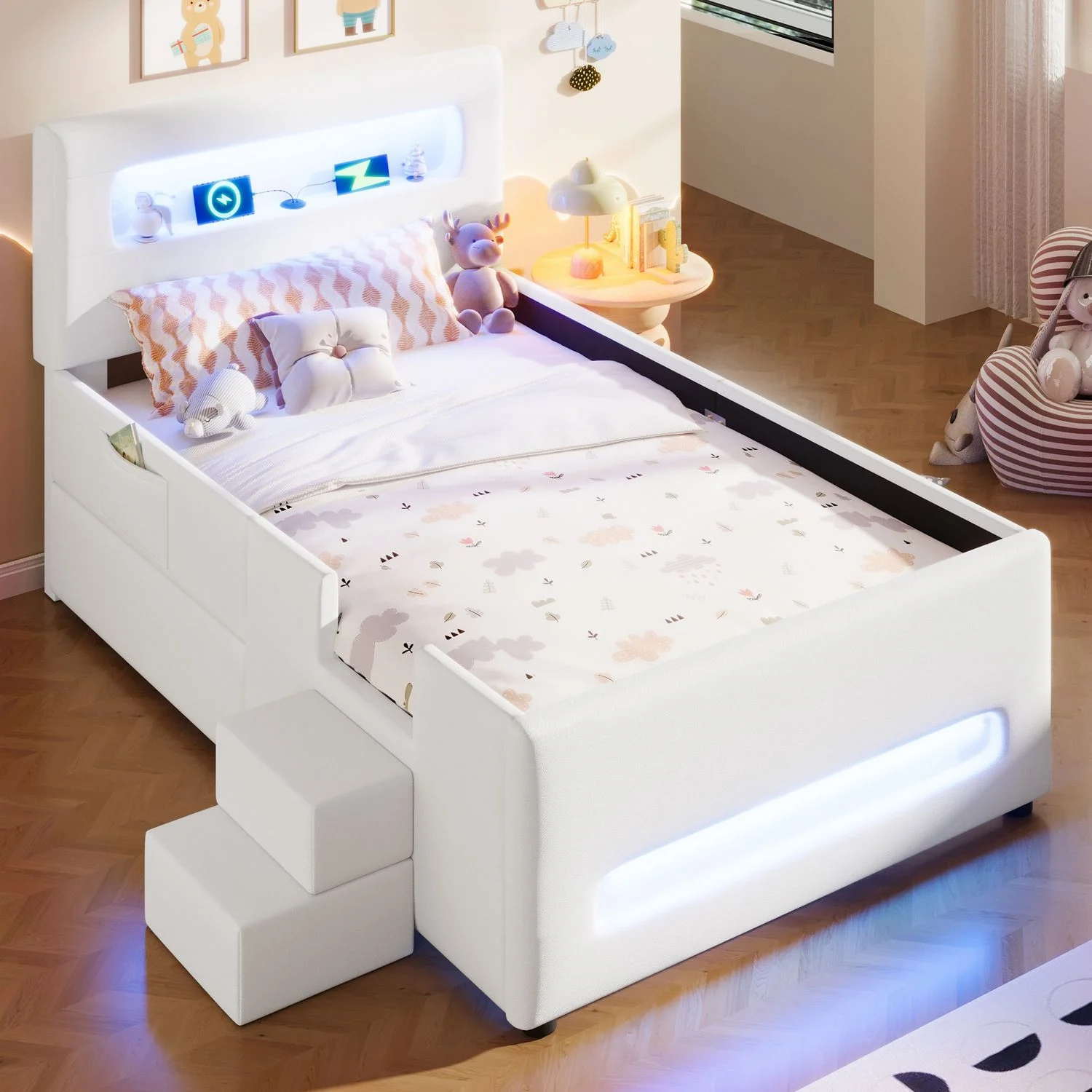 Gepolstertes Plattformbett 90x200 cm Mit LED-Beleuchtung & Schublade Auf Rollen Kunstleder,Bezug 120 kg Tragkraft