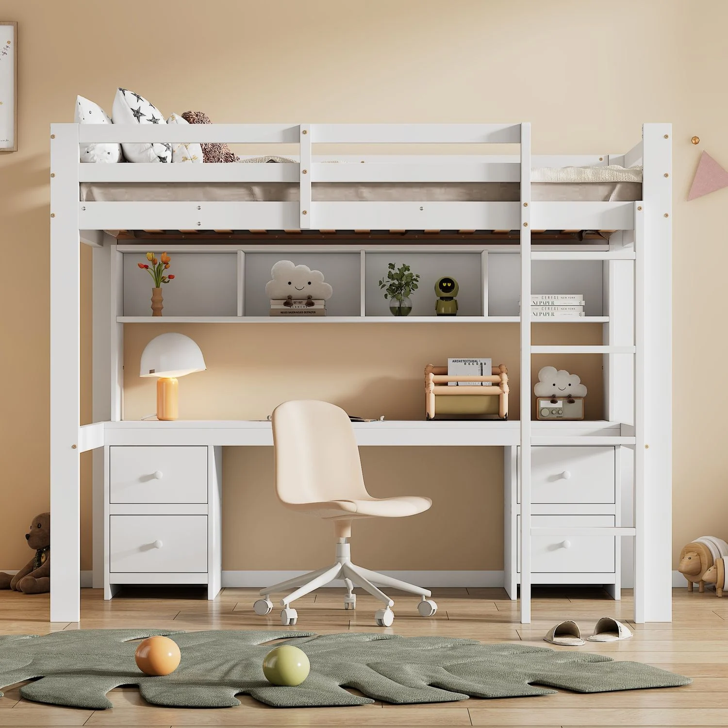 Bett 90x200 cm mit Schreibtisch und viel Stauraum – Hochbett aus Kiefernholz, platzsparend und sicher