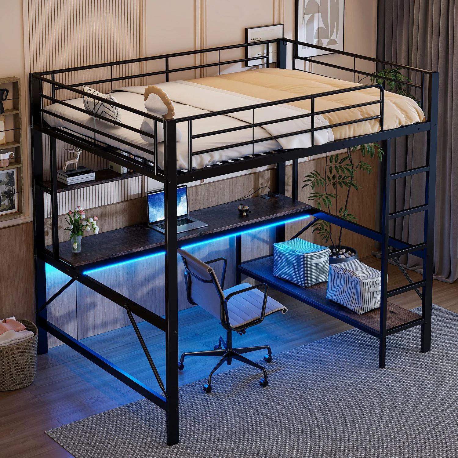 Hochbett 140x200 cm aus Metall und MDF mit Geländer, Trittleiter, 7‑Farben‑Ambientelicht, USB/Steckdose, Schreibtisch und Regal,Schwarz