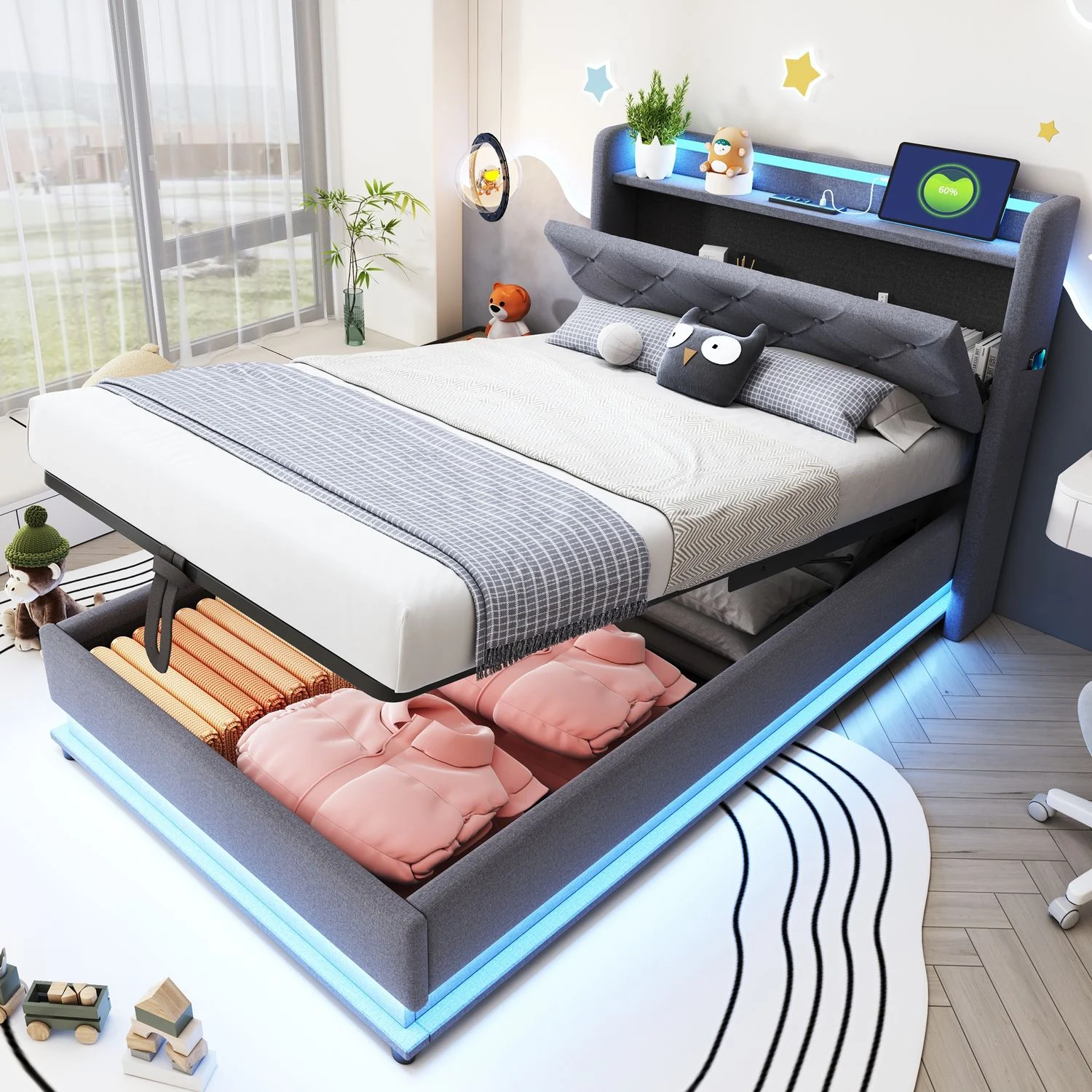 Kinderbett Polsterbett aus Leinenstoff mit LED, USB-Anschluss & Stauraum, 90x200 cm, Grau, ohne Matratze