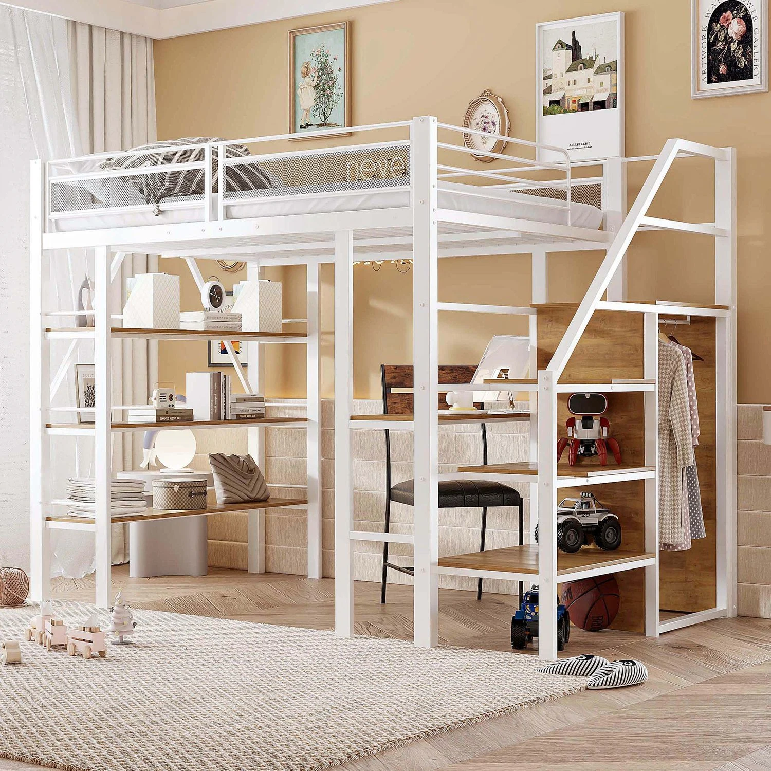 Hochbett aus Metall mit Schreibtisch, Regal & Kleiderschrank, 140x200 cm, Weiß, ohne Matratze