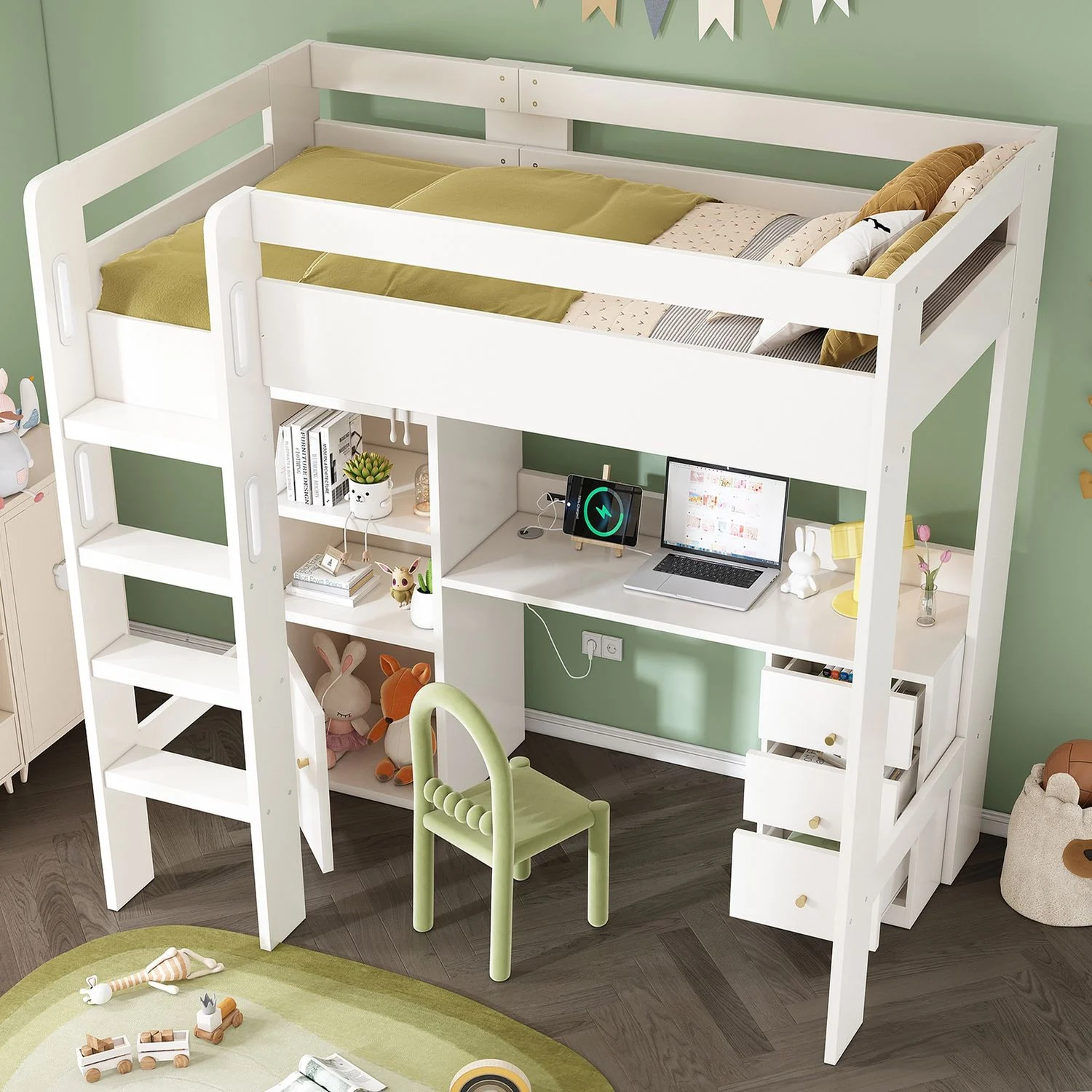 Merax 90×200cm Kinderbett Hochbett mit USB-C Schreibtisch, Kleiderschrank und Aktenschrank, Jugendbett Einzelbett mit Treppe und Lattenrost, Stauraum, Weiß