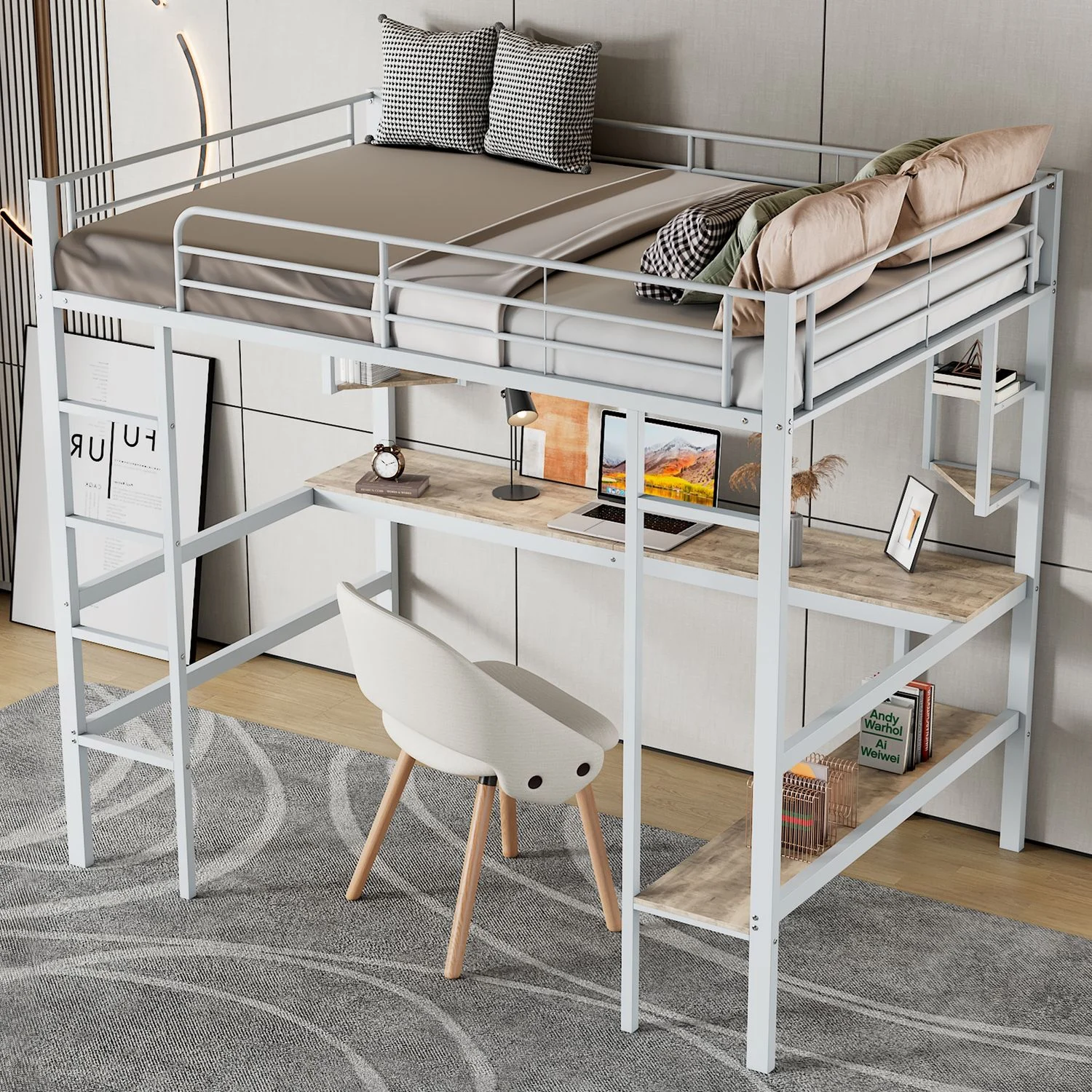 Hochbett 90x200 cm Metall mit Schreibtisch, großem Bücherregal und Rausfallschutz, Weiß