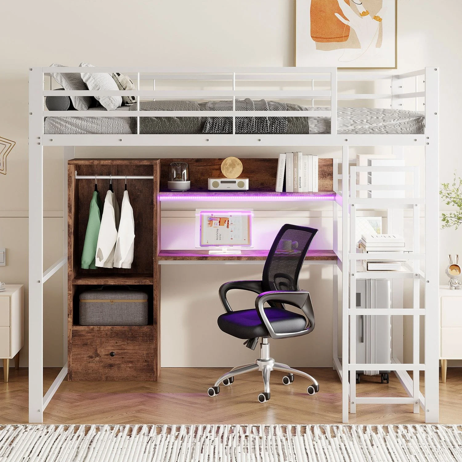 Hochbett 140x200 cm, Metalllrahmen & MDF, mit LED-Leiste, großem Schreibtisch und Stauraum, Weiß