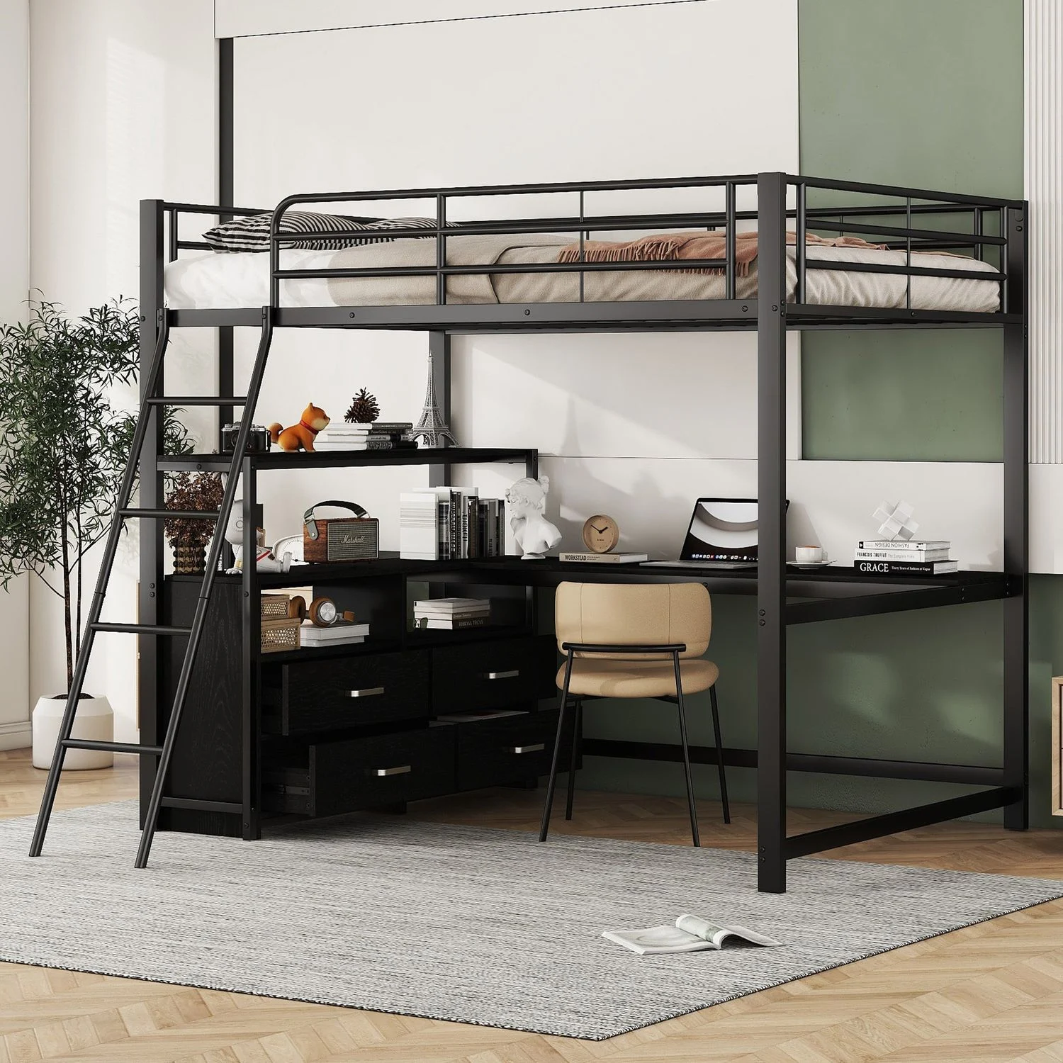 Hochbett 140x200 cm mit Metalllrahmen, L-förmigem Schreibtisch und Schubladen, MDF-Oberflächen, Schwarz