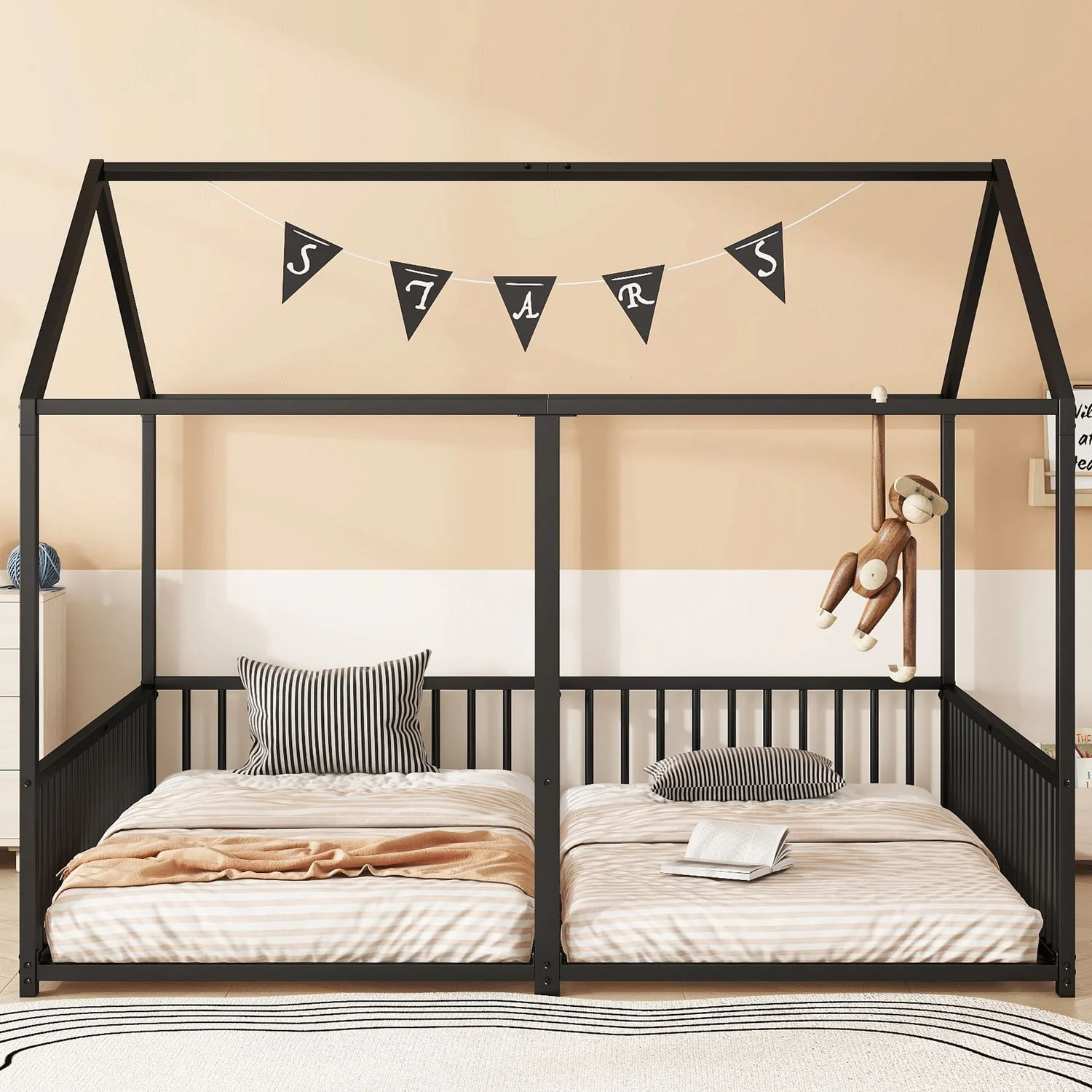 Kinder-Etagenbett "Haus-Design" 186x206x174,5 cm, Schwarz Metall, Doppelbett 2x 90x200 cm