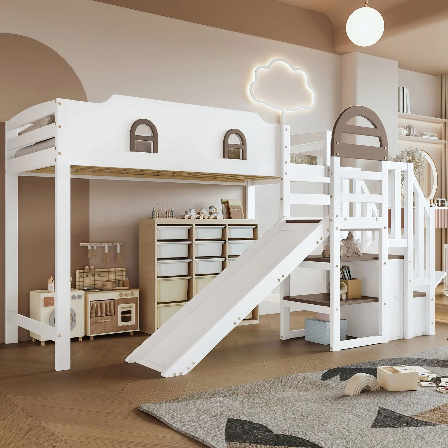 Etagenbett aus Massivholz & MDF mit Rutsche und Stauraumtreppe, 90x200 cm, weiß, ohne Matratze