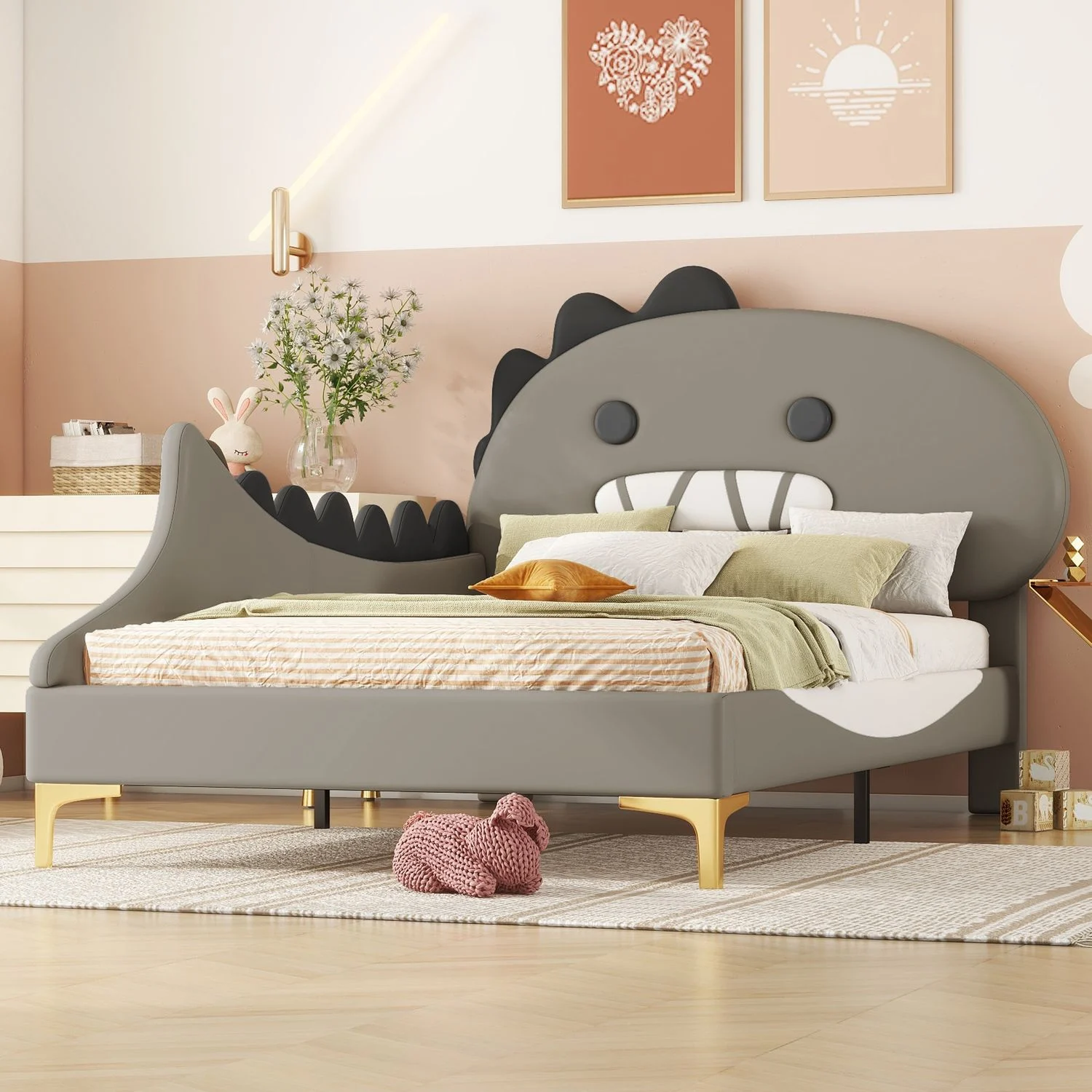 Bett 90x200 cm im Cartoon-Dinosaurier-Design, PU+MDF, flaches Kinderbett in Grau