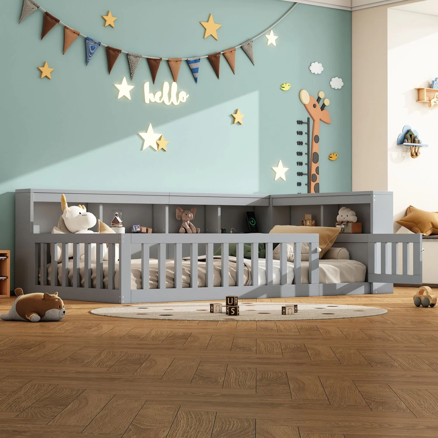 Kinderbett 90x200 cm Daybed aus Spanplatte/MDF mit Steckdose & USB, Staufach, ausziehbarem Geländer, Lattenrost (ohne Matratze),Grau