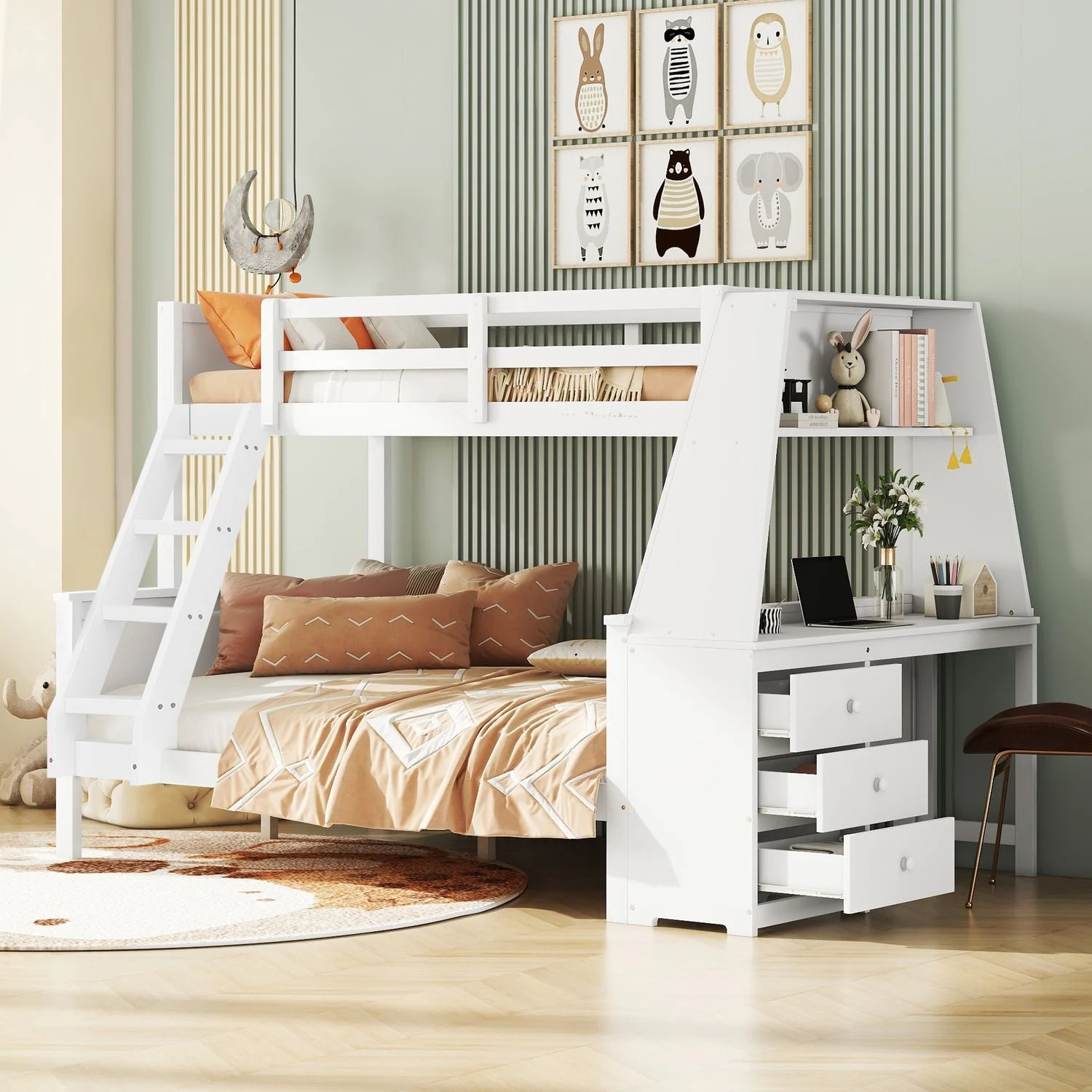 Etagenbett 90x200 cm + 140x200 cm, Kiefernholz/MDF, mit Schreibtisch, großem Stauraum und hohem Rausfallschutz, Weiß