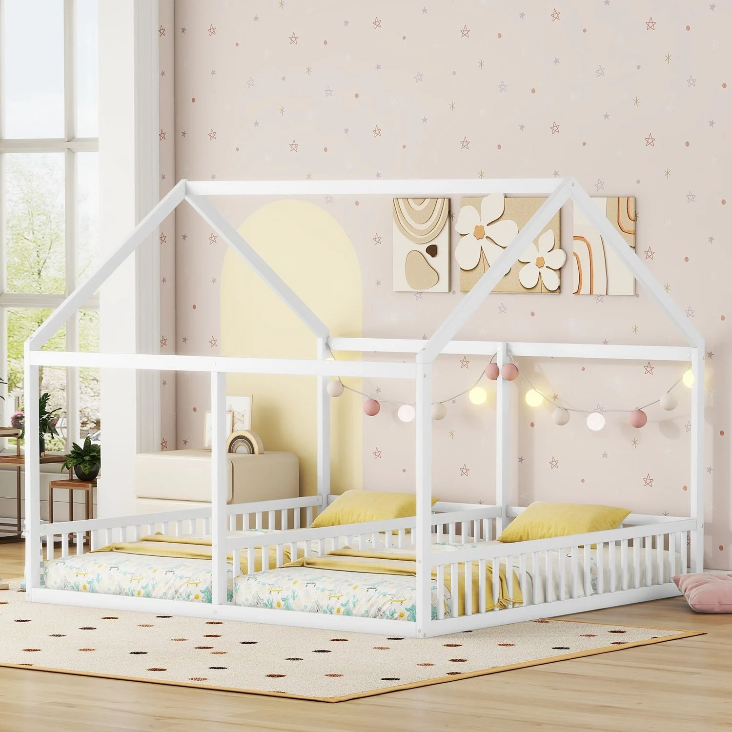 Kinderbett 2-in-1 (2x 90x200 cm) Haus-Design, Kiefernholz + MDF, Mittel-Geländer als Rausfallschutz, Weiß