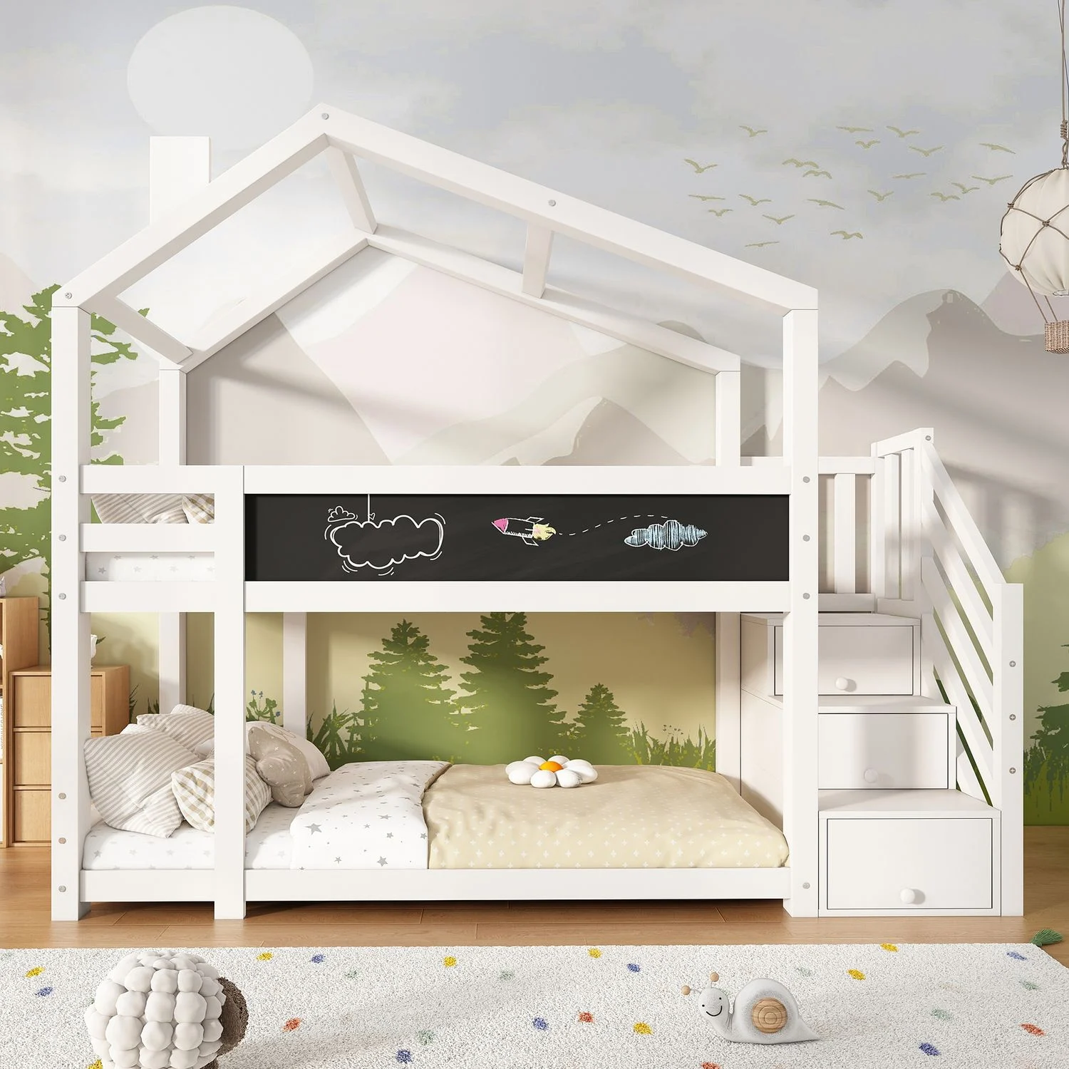 Kinder-Etagenbett "Baumhaus" 97x256x223 cm, Weiß, mit Tafel & Staufachtreppe