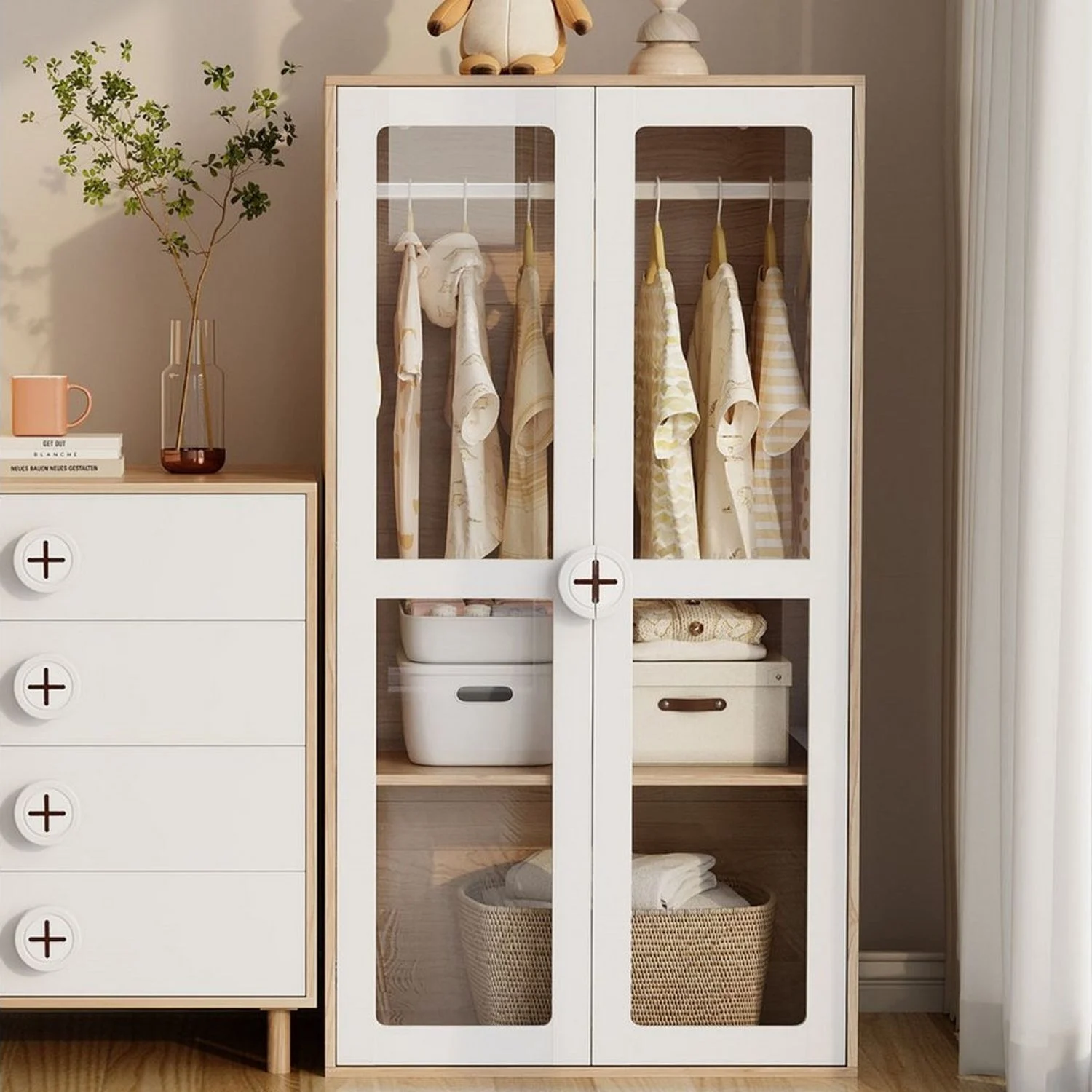 Ulife Kleiderschrank zweitüriger Glastür-Schrank mit Kleiderstange & verschiebbaren Regalen (1-St) Flurschrank, Kinderkleiderschrank, 80×50×150 cm