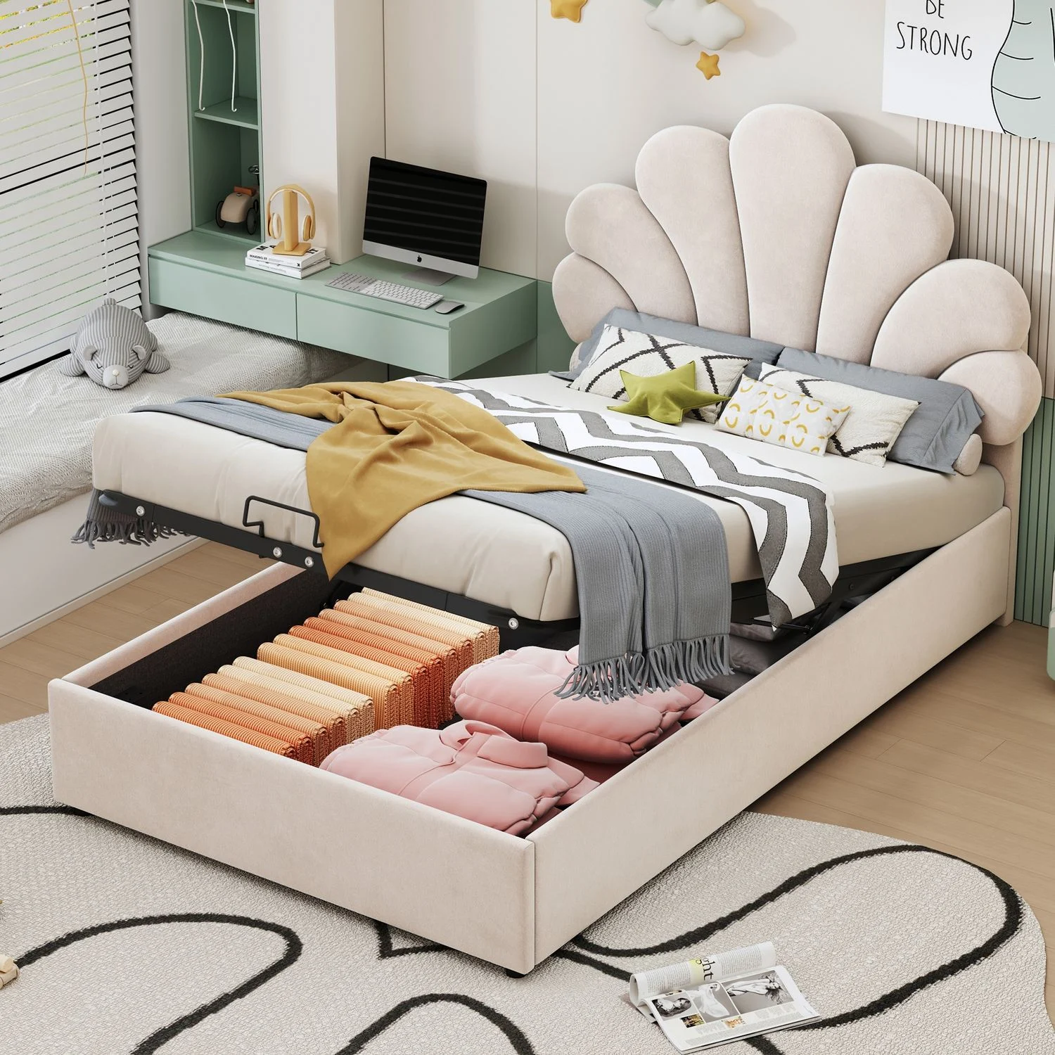 Polsterbett Kinderbett 90 x 200 cm, mit geblümtem Kopfteil und Lattenrost, mit höhenverstellbarem Kopfteil und hydraulischem Stauraum, hautfreundlicher Samtstoff, Beige