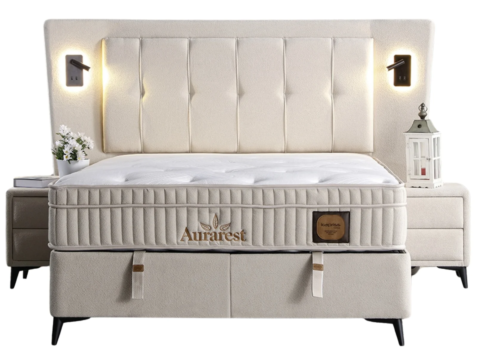 Aurarest Bett Set mit LED Leselicht und Stauraum