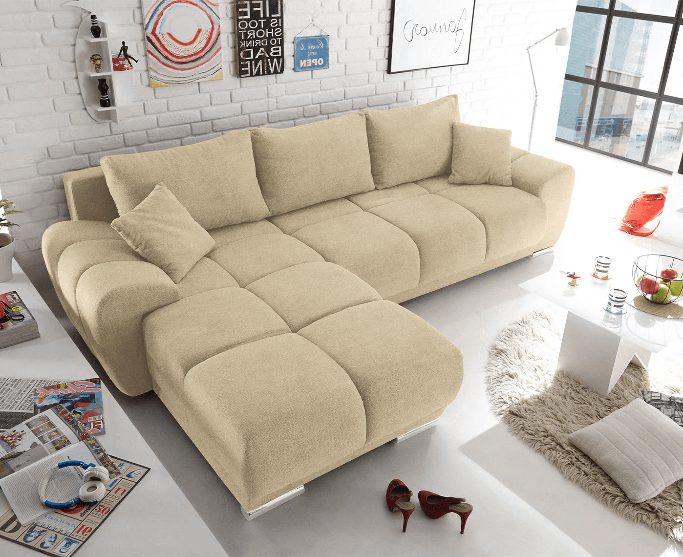 Ed Exciting Design Sofa Anton mit Schlaffunktion & Bettkasten in verschiedenen Farben erhältlich Luxus-Webstoff Flachgewebe beidseitig montierbar