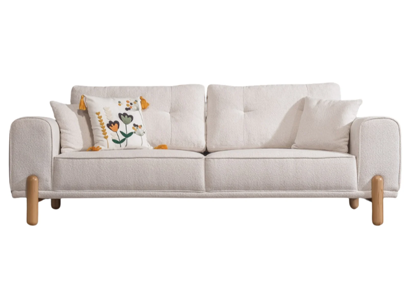 Skandi Sofa – Bouclé-Stoff in Creme mit umklappbarer Rückenlehne