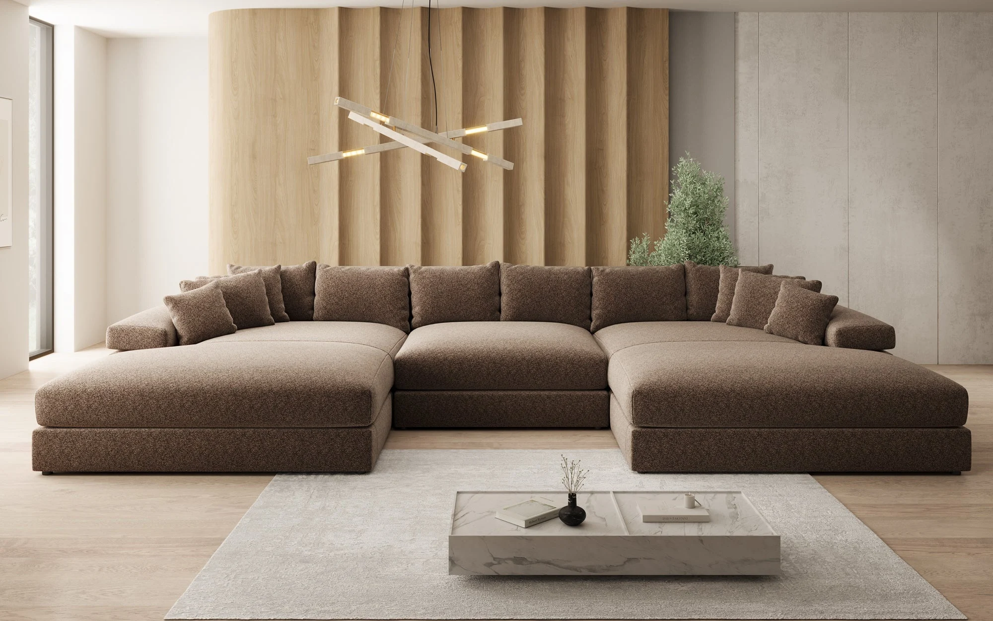 Designer Sofa Bernardo U mit breiter Ottomane in Strukturstoff