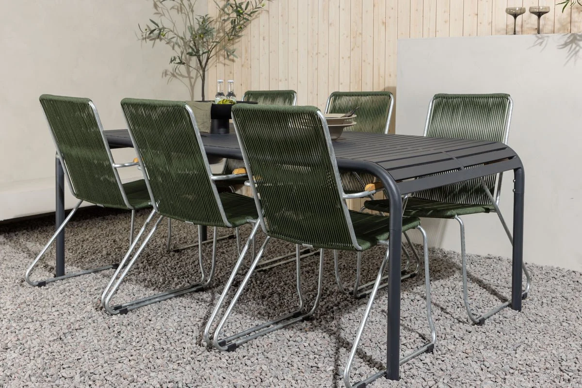 Garten Essgruppe Bloom – 7-teiliges Gartenmöbel-Set mit grünen, stapelbaren Stühlen