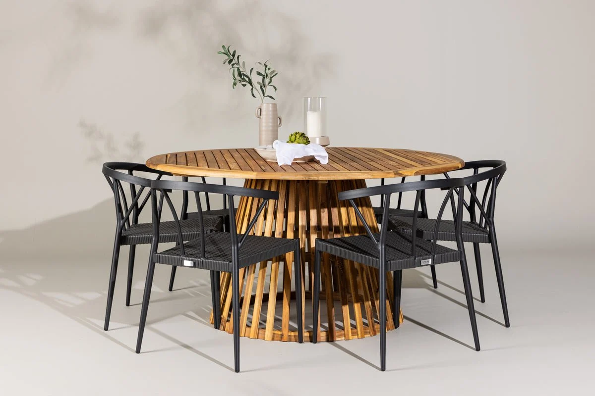 Garten Essgruppe Fortuna – 7-teiliges Gartenmöbel-Set mit schwarzen Stühlen