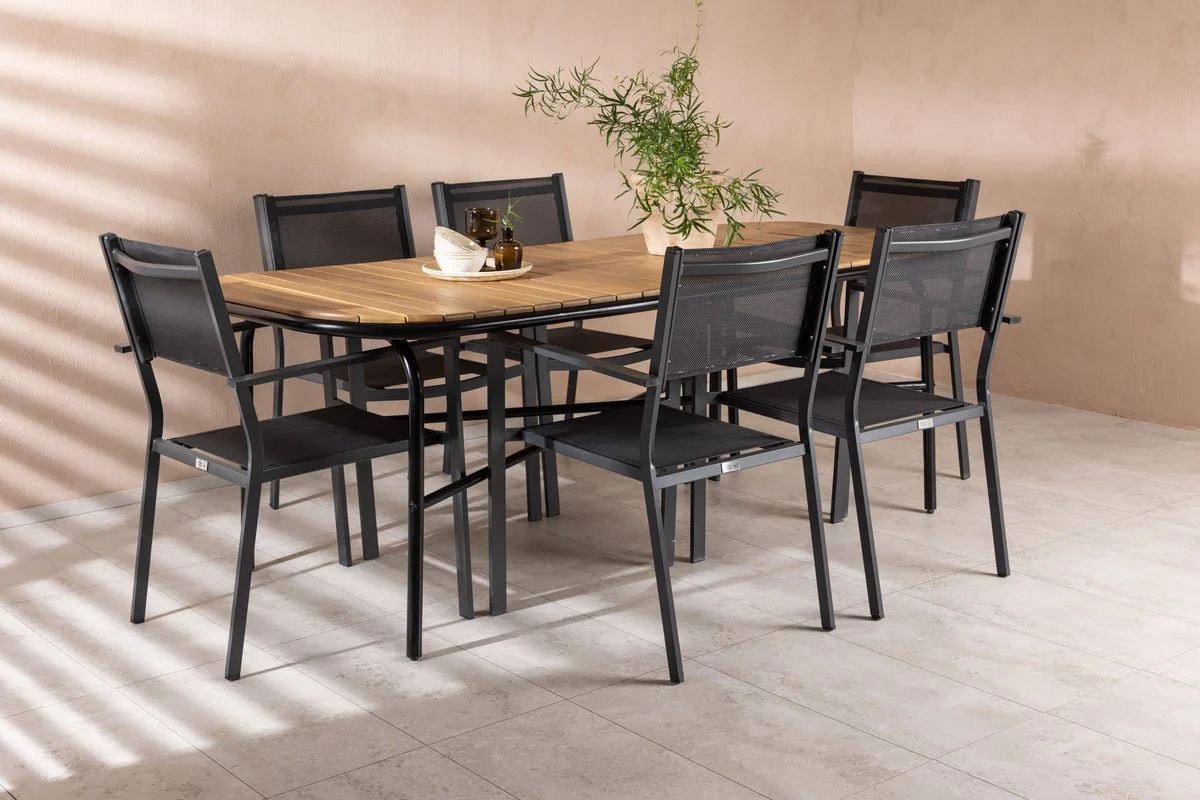 Garten Essgruppe Mirabell – 7-teiliges Gartenmöbel-Set mit Tisch aus Akazie und schwarzen Stühlen