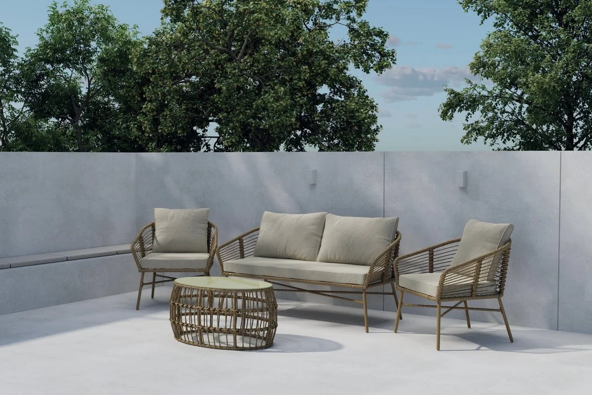 Garten Loungeset Anton – in Braun mit Glasplatte & Kissen