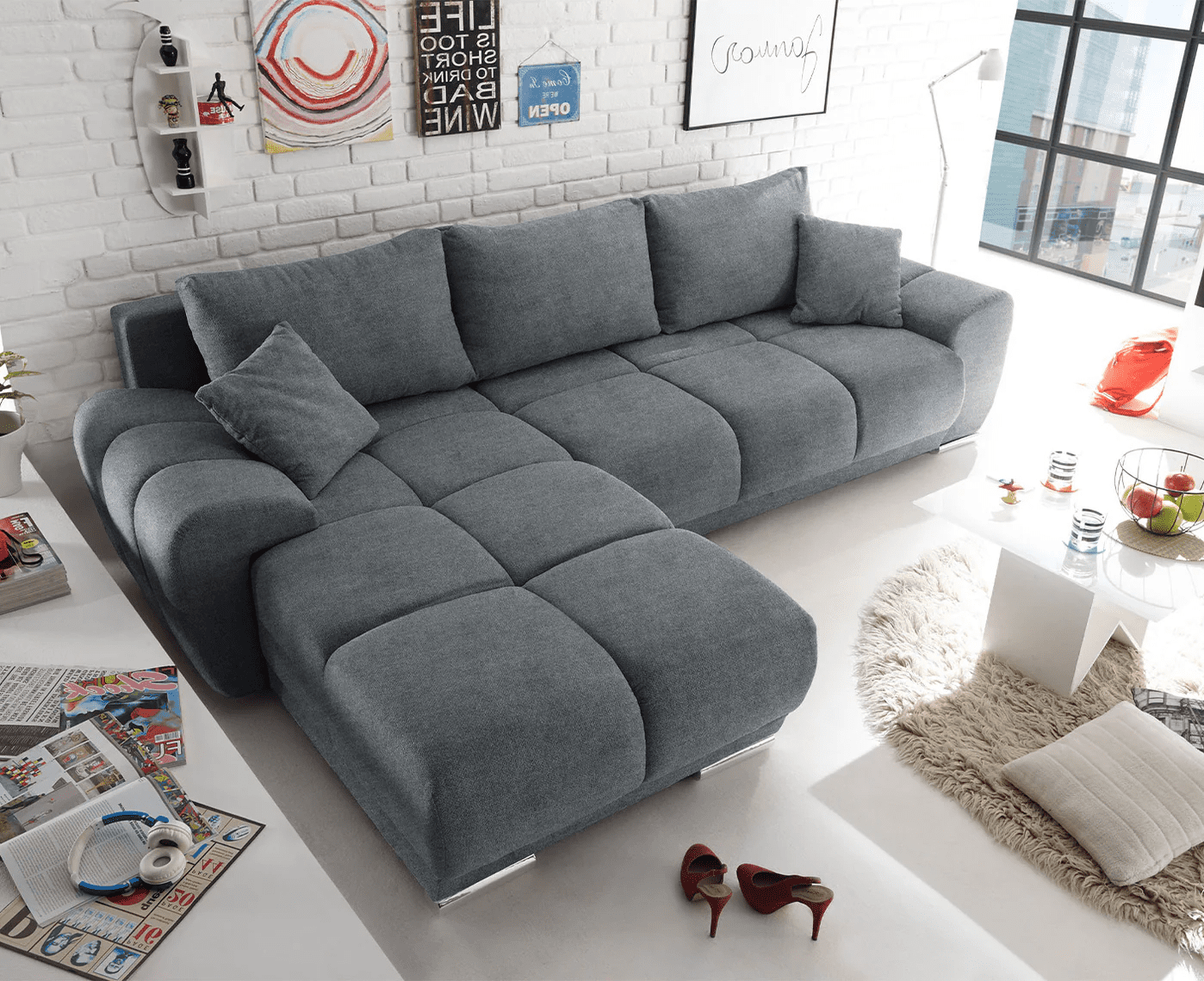 Ed Exciting Design Sofa Anton mit Schlaffunktion & Bettkasten in verschiedenen Farben erhältlich Luxus-Webstoff Flachgewebe beidseitig montierbar