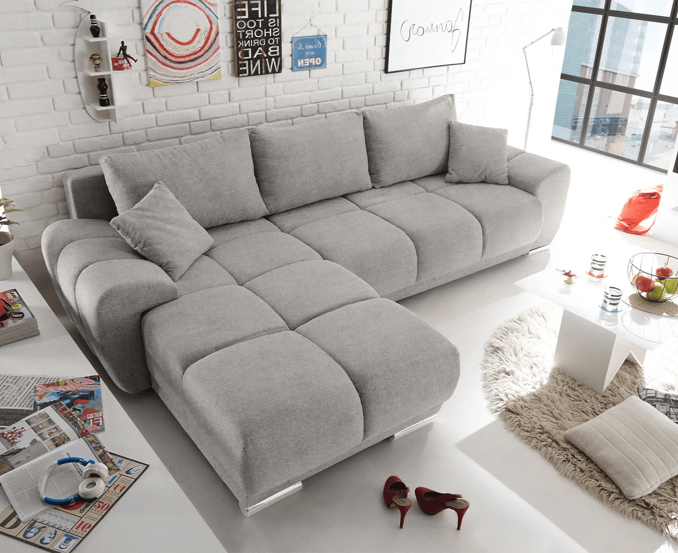 Ed Exciting Design Sofa Anton mit Schlaffunktion & Bettkasten in verschiedenen Farben erhältlich Luxus-Webstoff Flachgewebe beidseitig montierbar