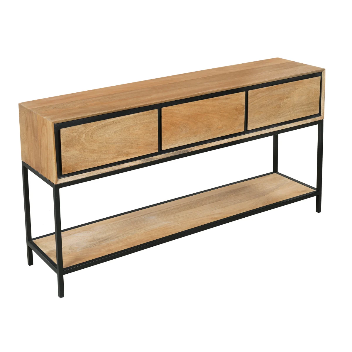Beistelltisch Hardwood Mangoholz Metallgestell schwarz 3 Schubladen 150x35x76 cm