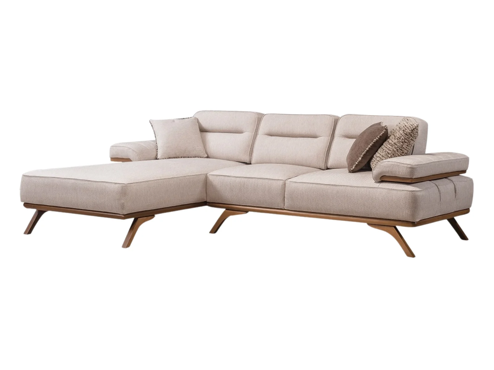 Dora Relax Ecksofa – Beige, Holzrahmen & Holzfüße