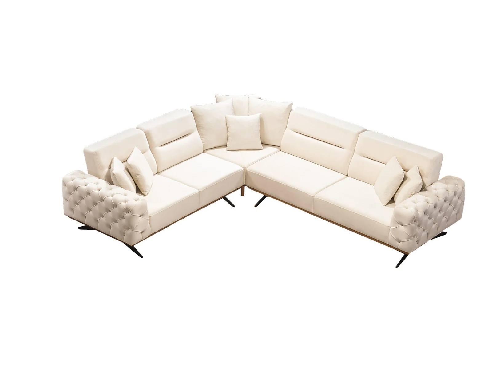 Havana Ecksofa Creme – Verstellbare Rückenlehne & Samtstoff mit Rahmen in Naturholzfarbe