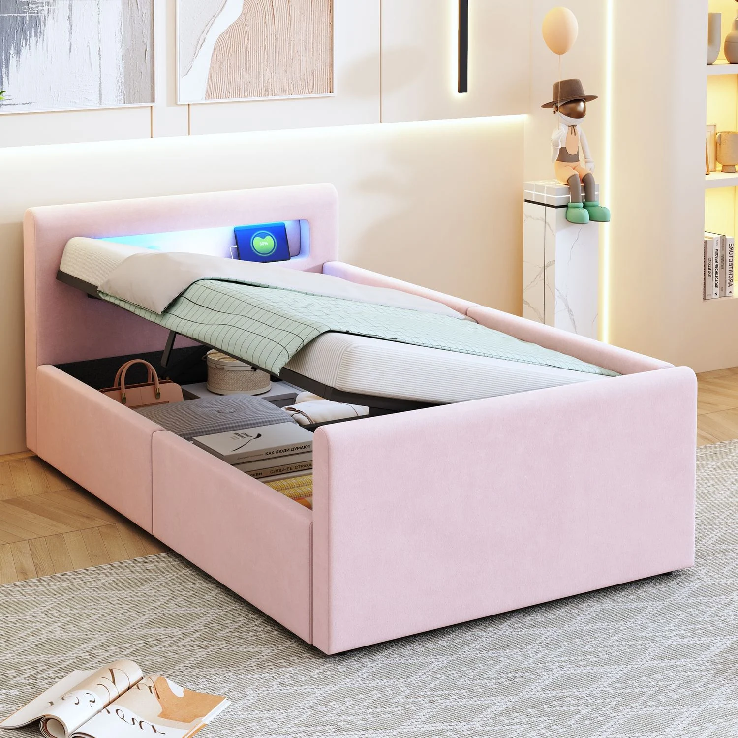 Polsterbett Kinderbett 90*200 cm, Mit LED-Licht, Mit Nachtlicht und USB-Ladeanschluss, Mit Regal, Mit Hydraulischem Stauraum, Einfaches Einzelbett, Jungen- und Mädchenbetten, Samtstoff, Rosa