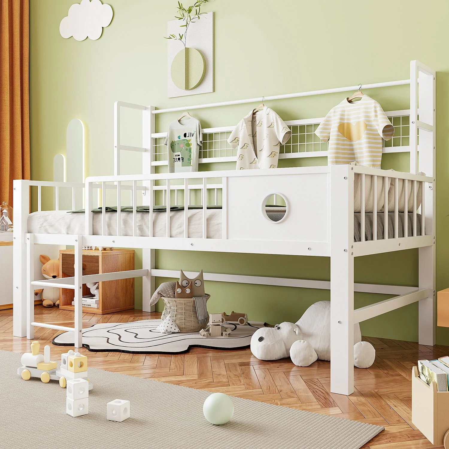 Kinderbett 90*200cm, Niedriges Hochbett mit Metallrahmen und Ablagefächern, geeignet für Kinder und Jugendliche. Weiß