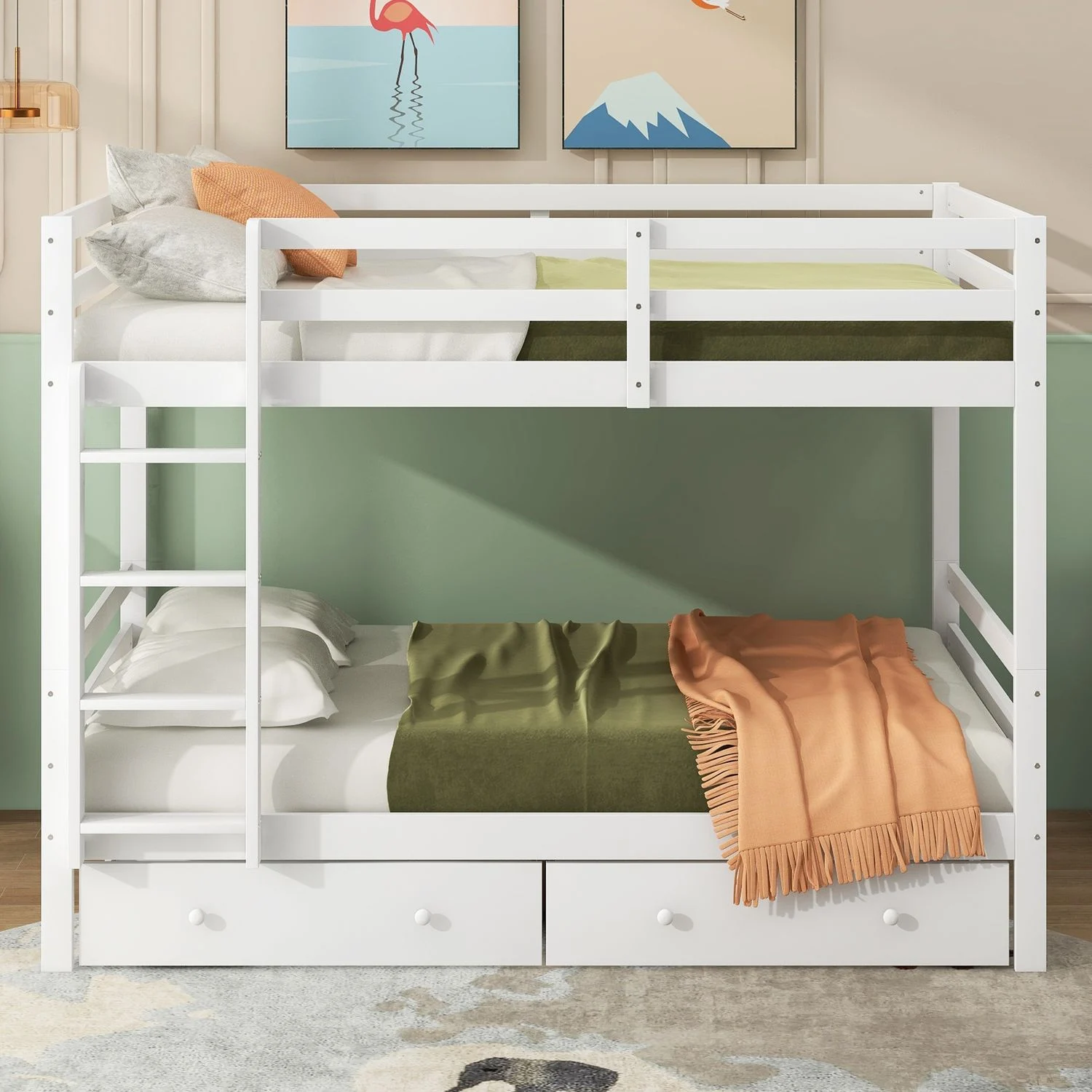 Etagenbett 140x200 cm, Kiefernholz & MDF, mit Stauraum und abnehmbarer Schublade, hohes Geländer, Weiß