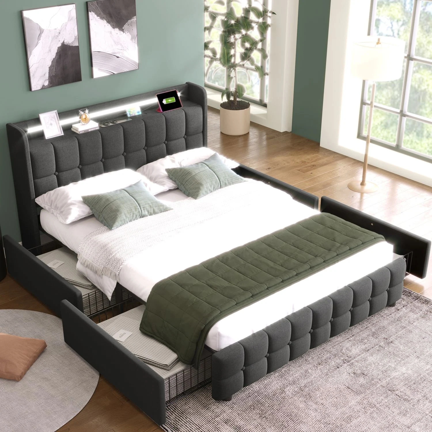 Polsterbett 160x200 cm mit 2 Steckdosen, 2 USB-Anschlüssen, LED-Beleuchtung und 4 Schubladen, grau
