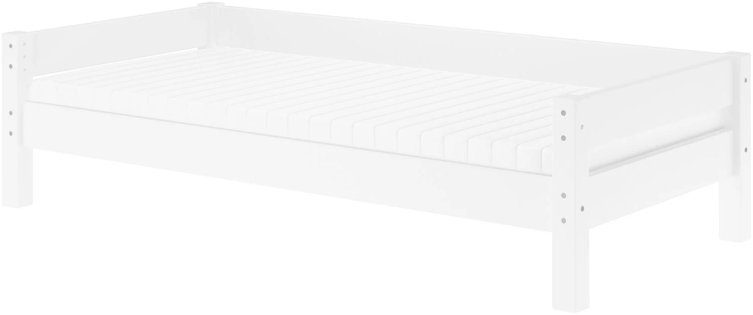 Kinderbett, Einzelbett, Holzbett Kiefer massiv weiß lackiert 90x200 mit Lattenrost und Matratze V-60. 20W-09