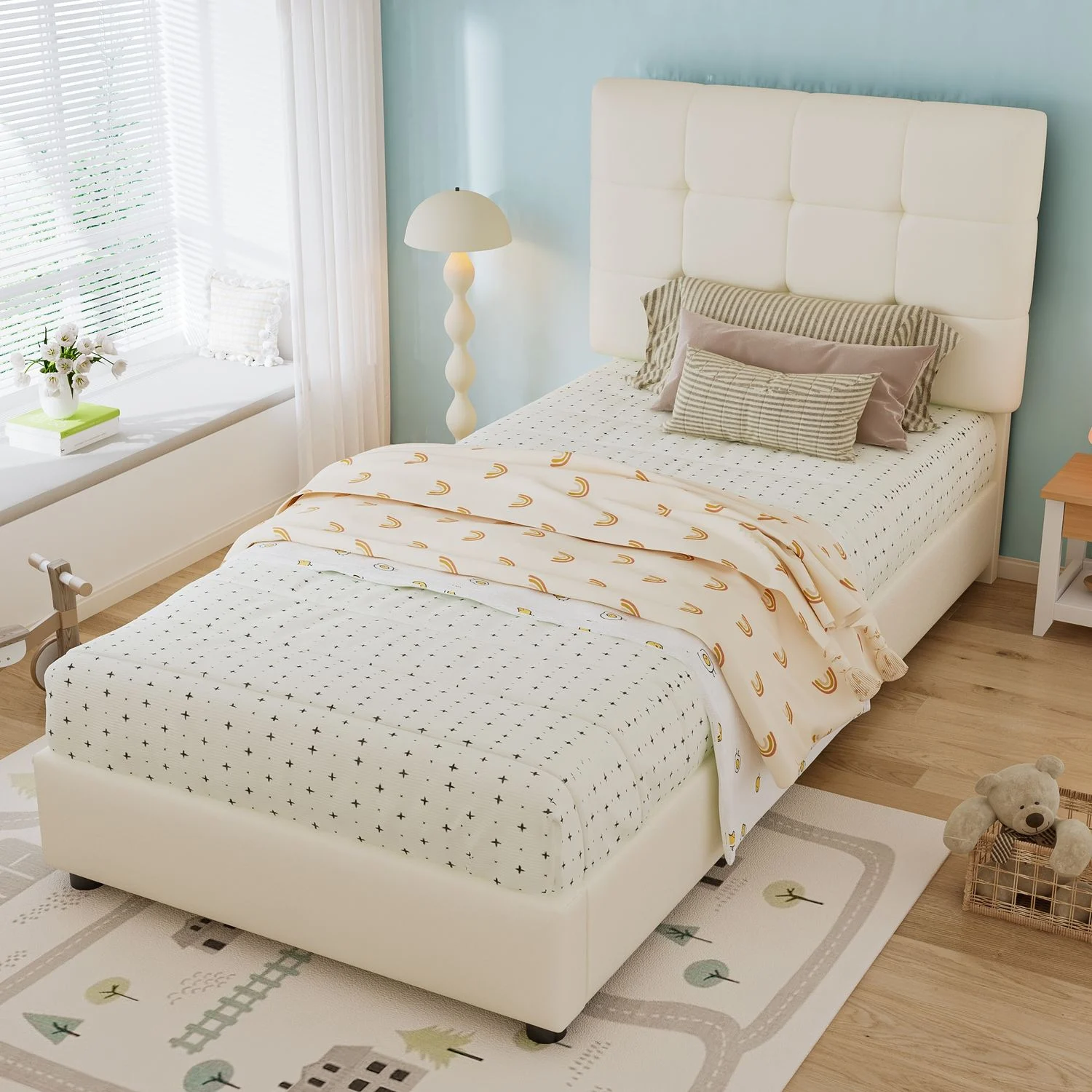 Kinder Polsterbett 90x200 cm Beige mit keksförmigem Kopfteil, Einzelbett mit gepolsterter Rückenlehne fürs Kinderzimmer