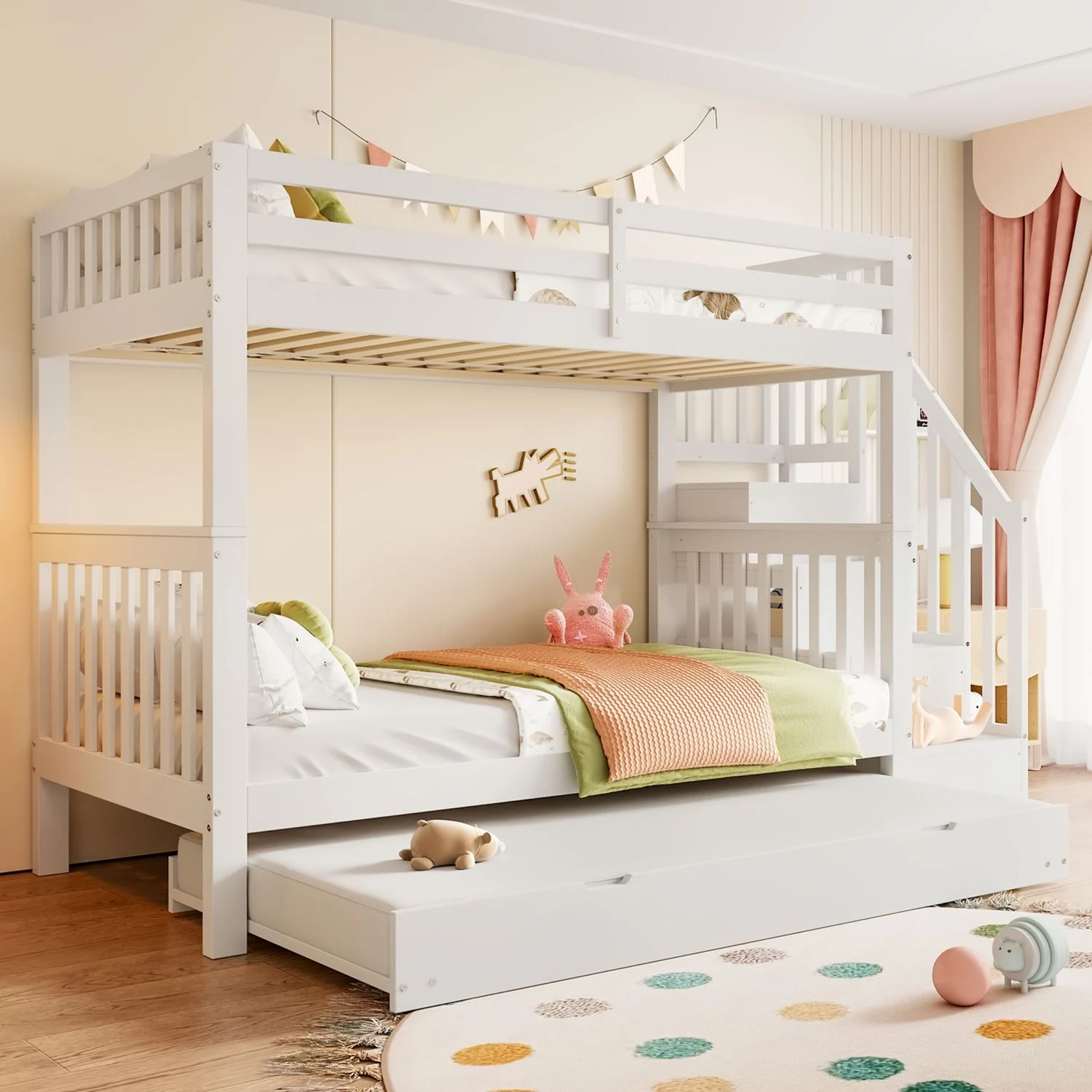Etagenbett 90x200 cm mit ausziehbarem Rollbett, Treppenregal und hohen Geländern, Kiefer/MDF, Weiß