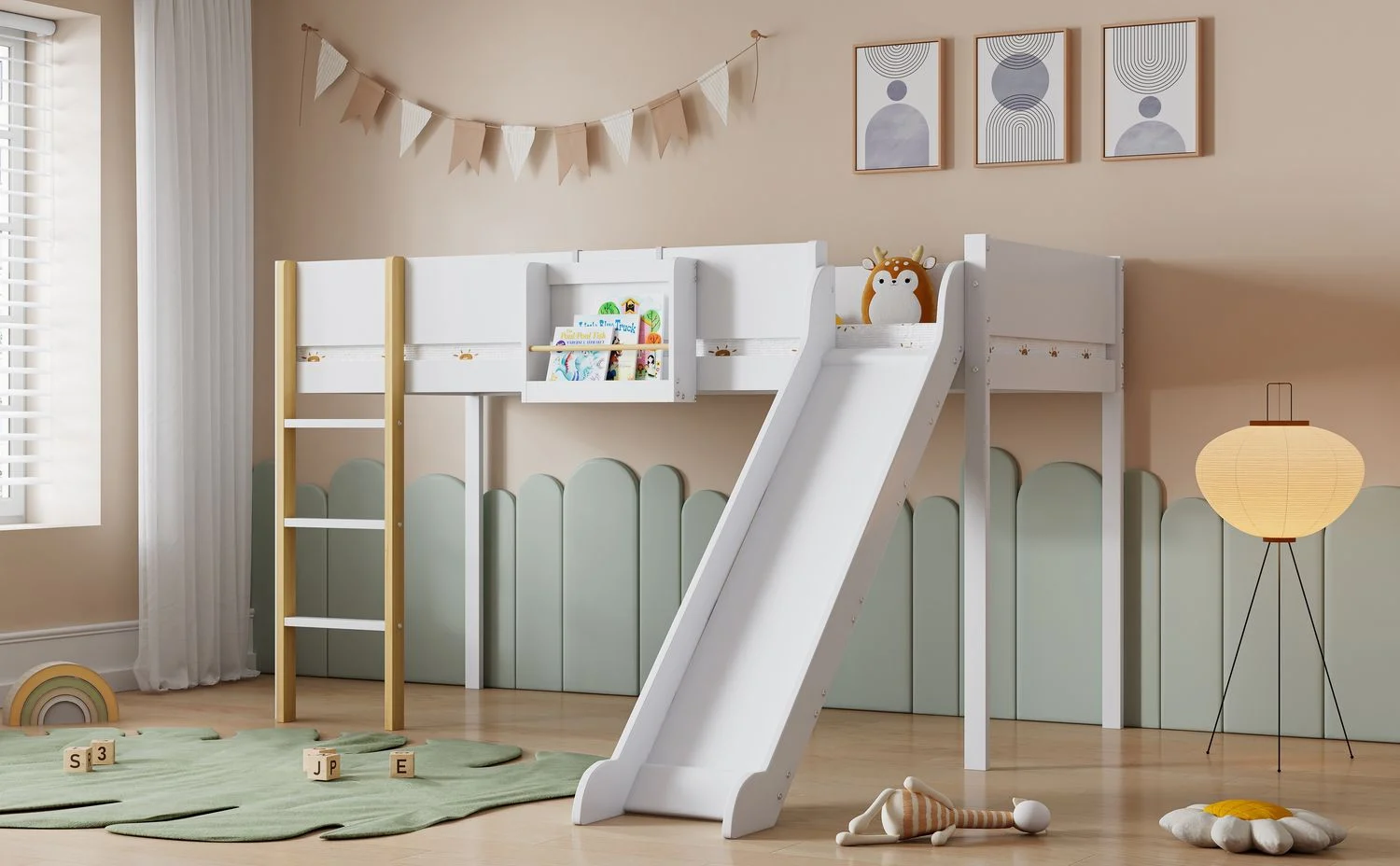 Hochbett 90x200 cm aus Kiefer+MDF, Weiß/Natur mit Rutsche, dreistufiger Leiter und rundum Rausfallschutz