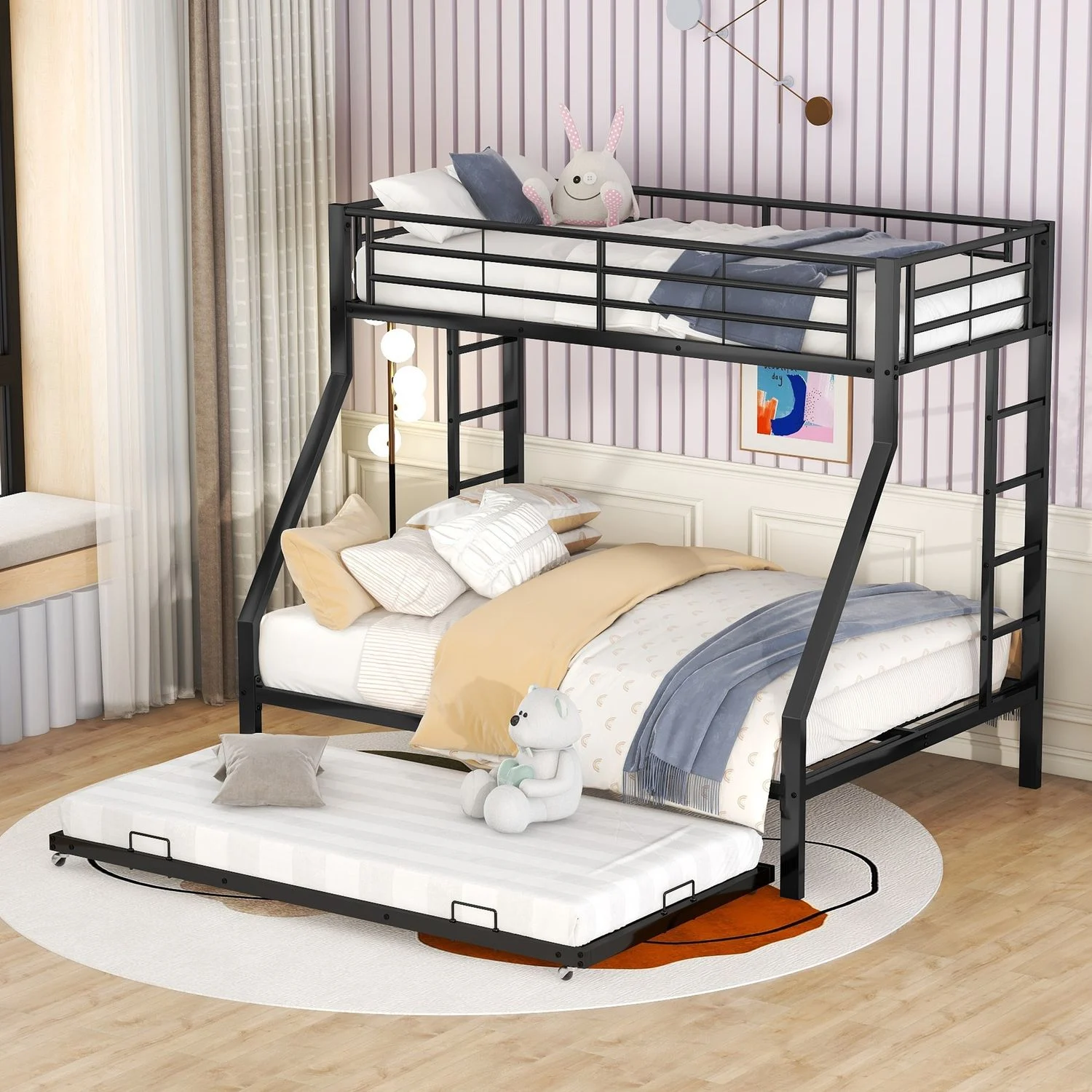 Etagenbett 90x200 / 140x200 mit Ausziehbett 90x190, Metall, beidseitige Leitern & verstärkter Rausfallschutz, schwarz