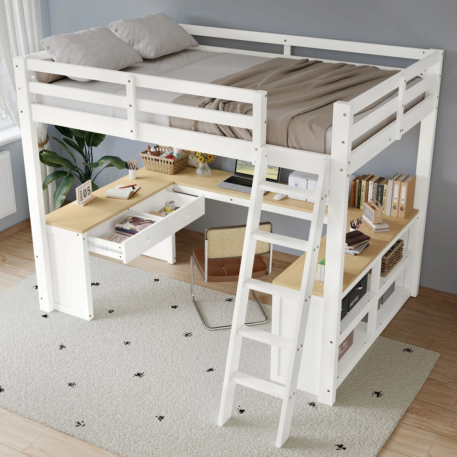 Hochbett 140x200 cm mit U-förmigem Langtisch, Stauraum & stabilem Lattenrost, Kiefer/MDF, Weiß/Natur