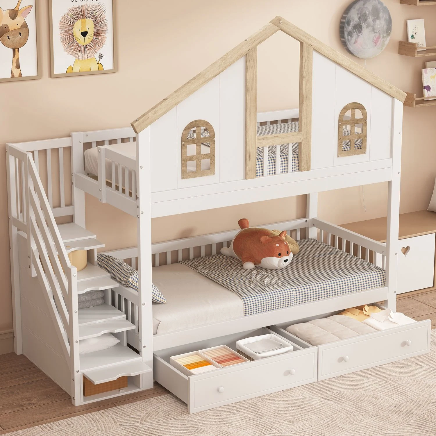 Etagenbett Kinderbett 90x200cm mit Fenster, Stauraumtreppe, Schubladen, Weiß & Natur